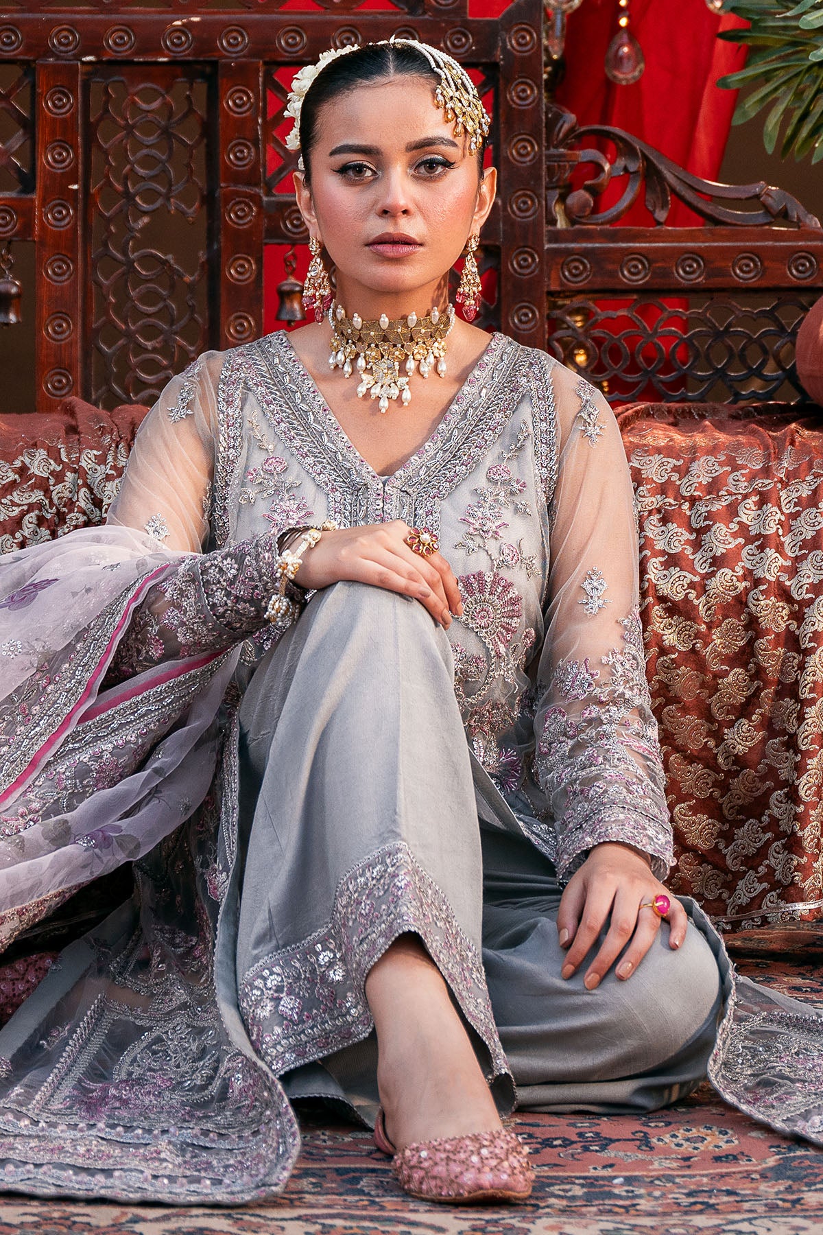 Soft Grey Embroidered Net & Silk Salwar Kameez (3-Piece) - Image 5