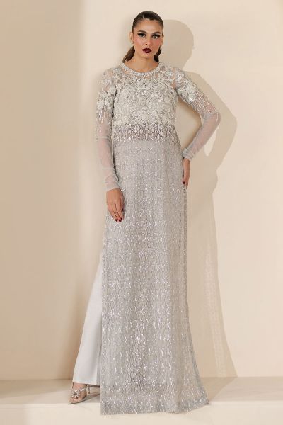 Grey Embroidered Net Salwar Kameez (2-Piece) - Image 1