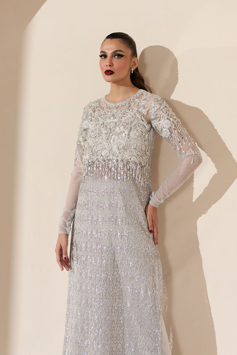 Grey Embroidered Net Salwar Kameez (2-Piece) - Image 3