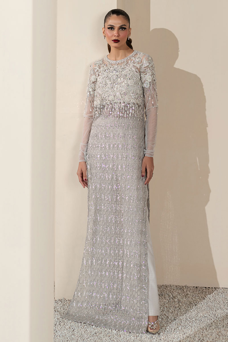 Grey Embroidered Net Salwar Kameez (2-Piece) - Image 4