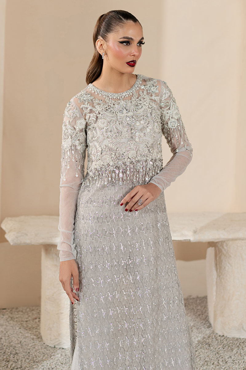 Grey Embroidered Net Salwar Kameez (2-Piece) - Image 5