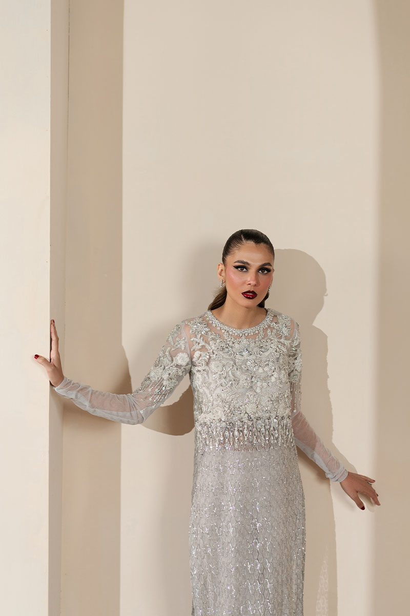 Grey Embroidered Net Salwar Kameez (2-Piece) - Image 6