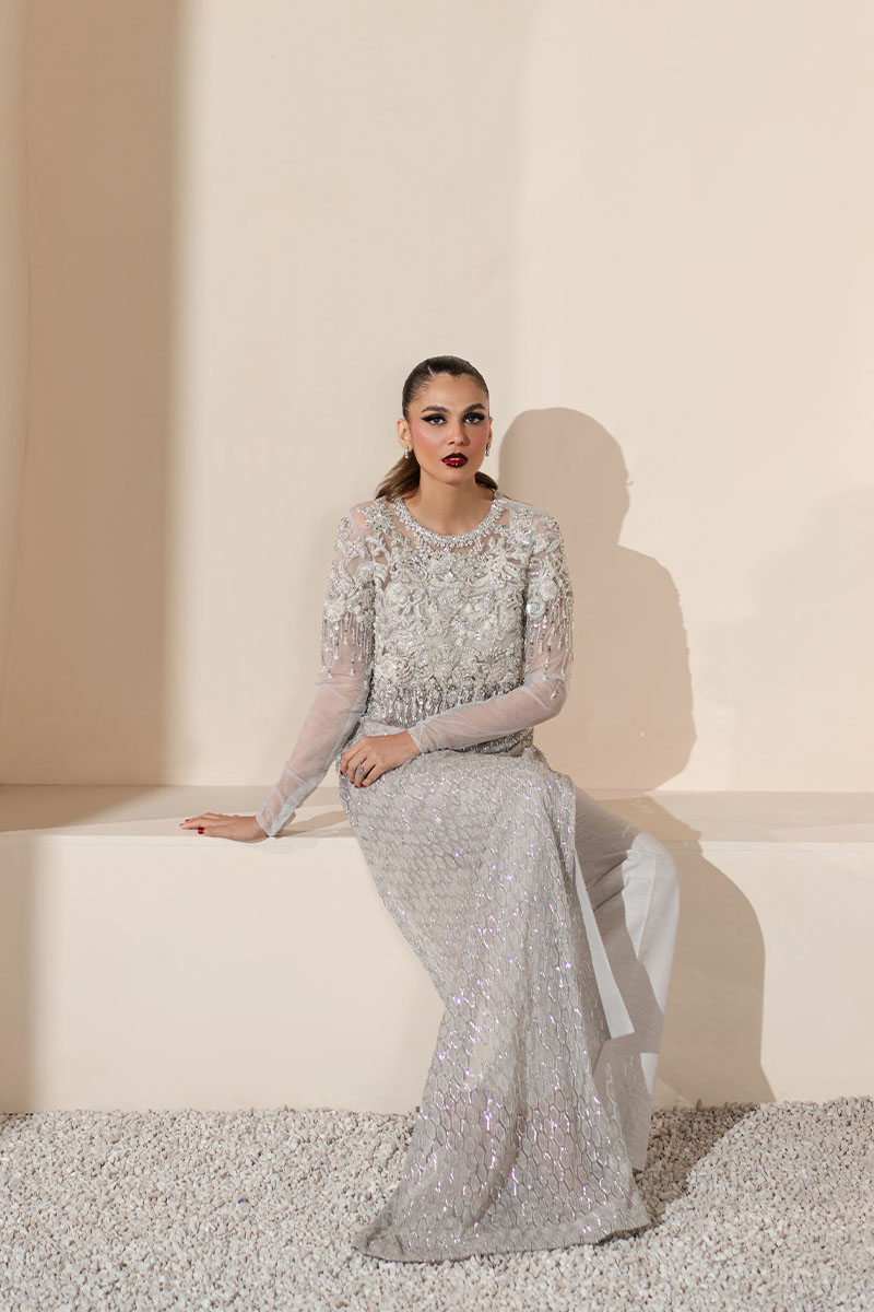 Grey Embroidered Net Salwar Kameez (2-Piece) - Image 7