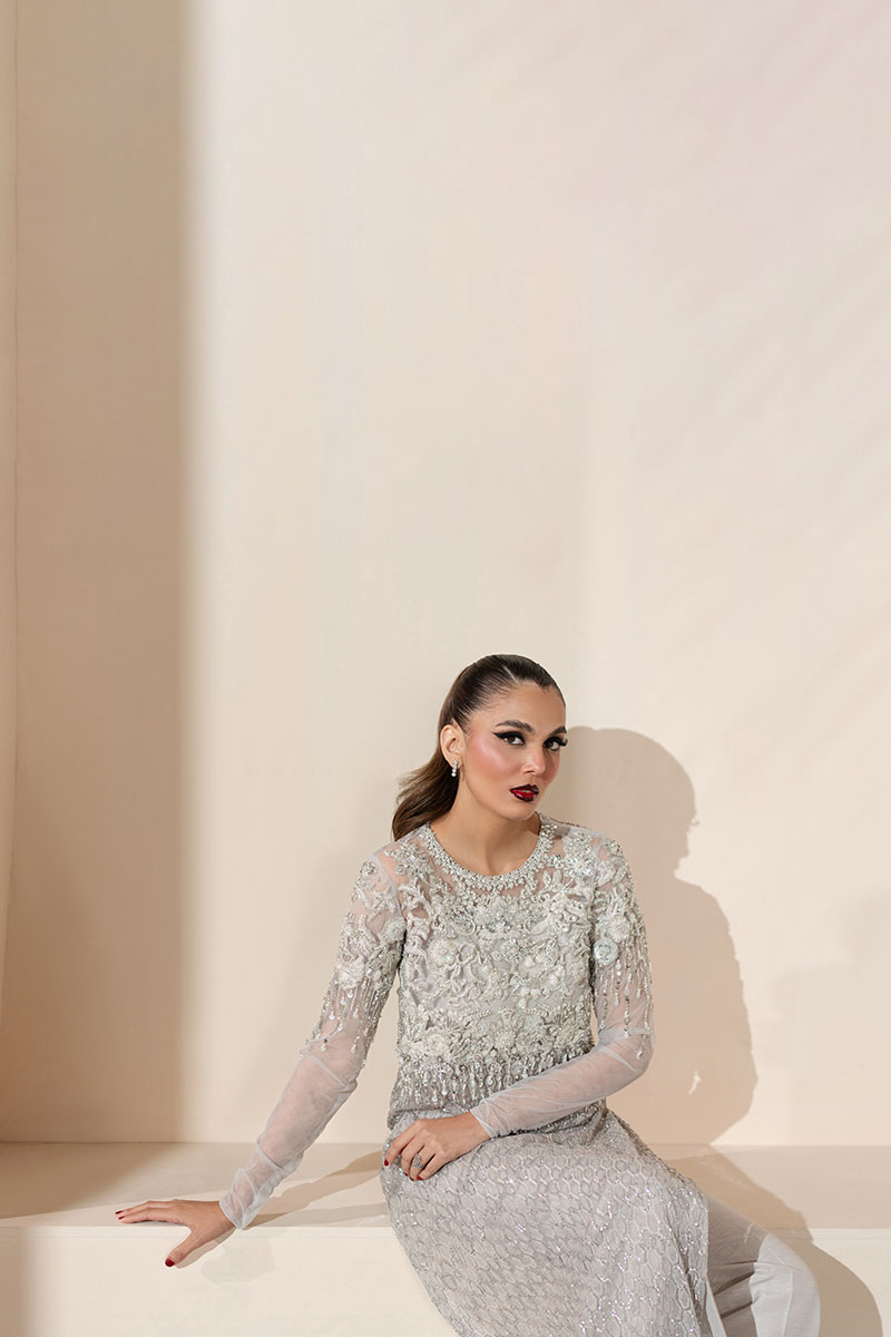 Grey Embroidered Net Salwar Kameez (2-Piece) - Image 8