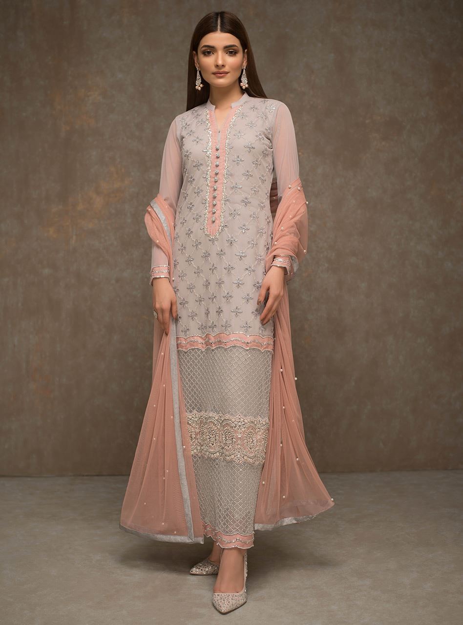 Pakistani Grey Diamante Embroidered Net Salwar Kameez (3-Piece) - Image 1