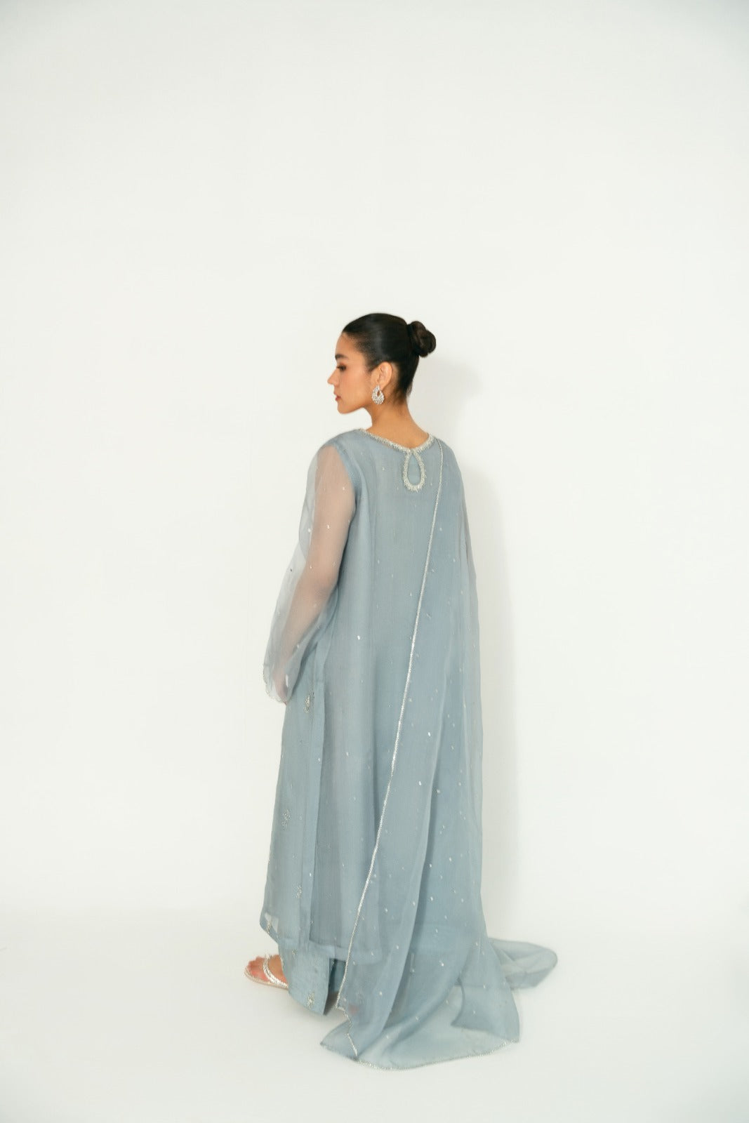 Steel Grey Hand-Embellished Organza Kameez (3-Piece) - Image 2