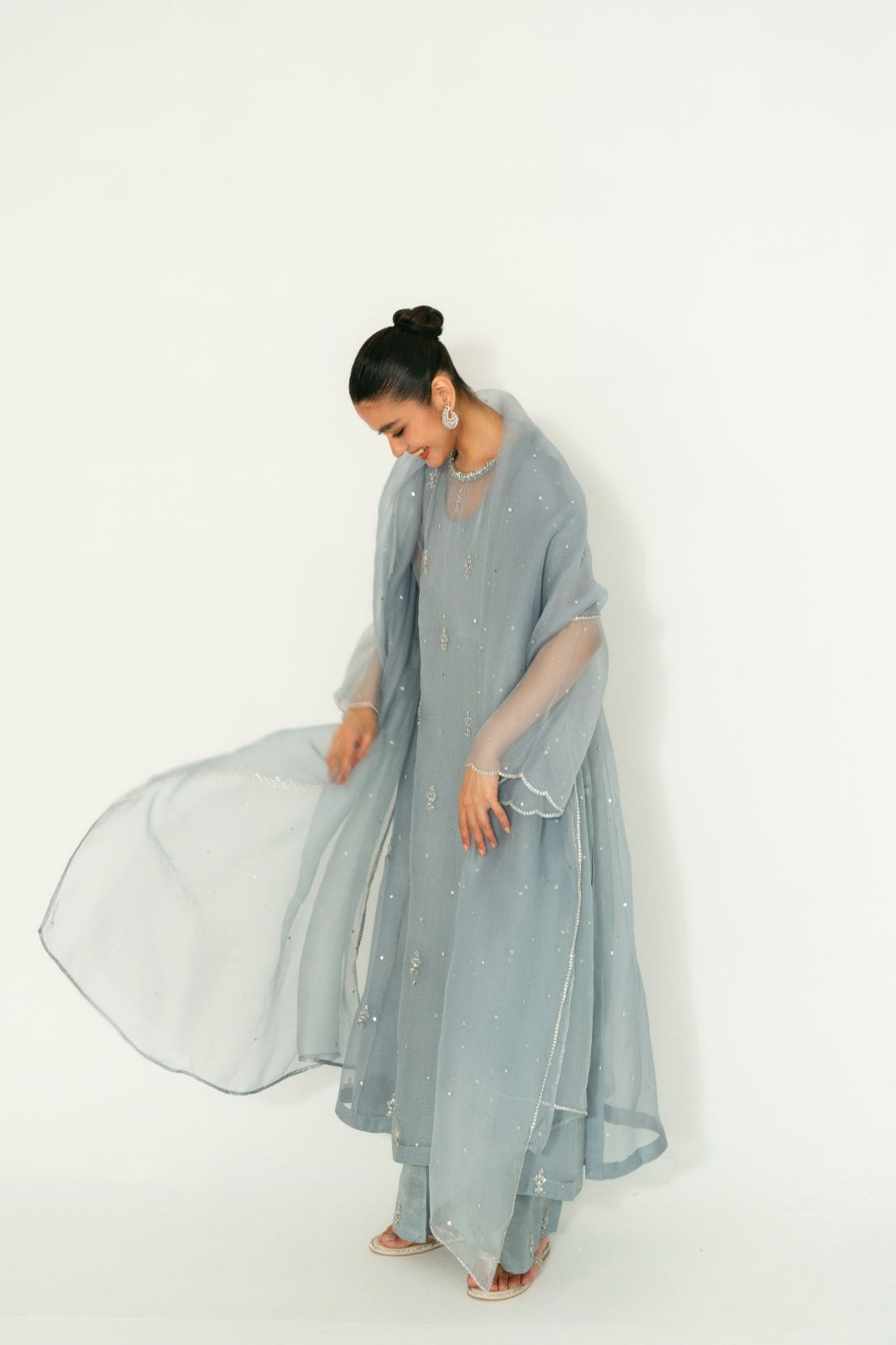 Steel Grey Hand-Embellished Organza Kameez (3-Piece) - Image 3