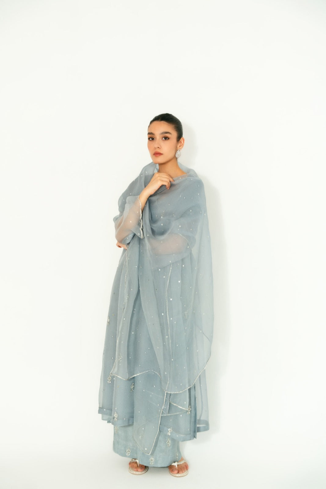 Steel Grey Hand-Embellished Organza Kameez (3-Piece) - Image 4