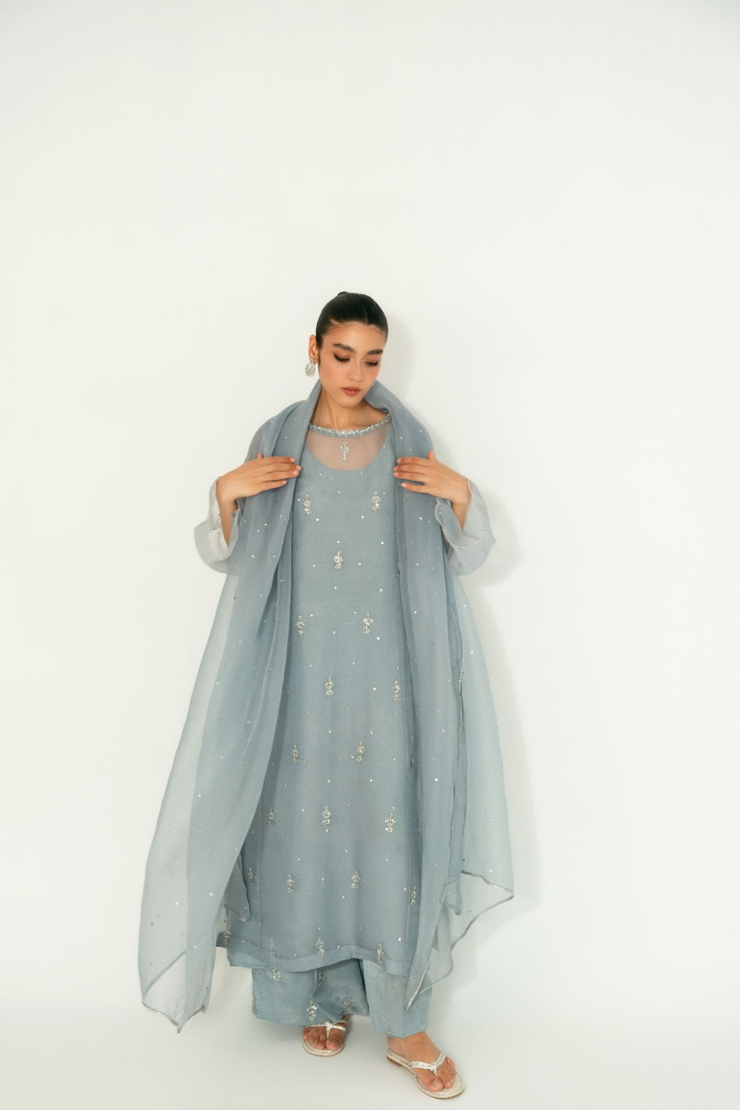 Steel Grey Hand-Embellished Organza Kameez (3-Piece) - Image 5