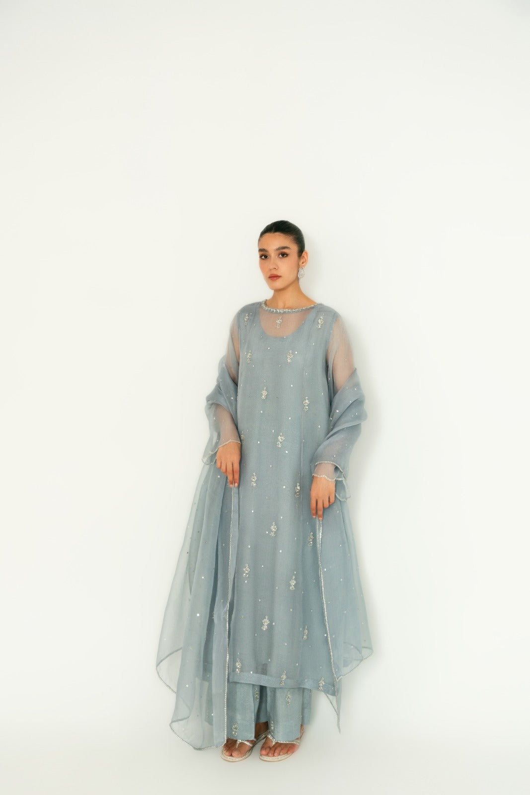 Steel Grey Hand-Embellished Organza Kameez (3-Piece) - Image 6