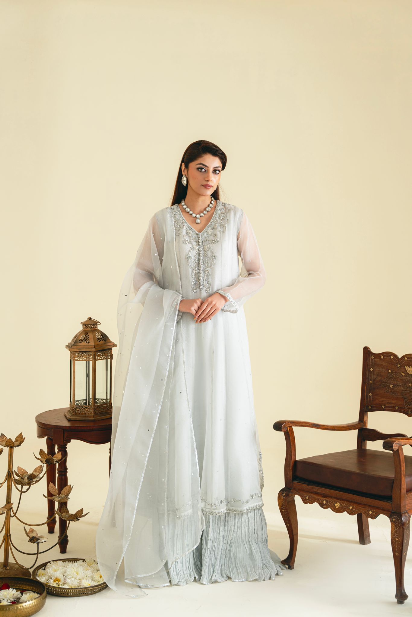 Pastel Grey Ada Embroidered Organza Farshi Pyjama (3-Piece) - Image 1