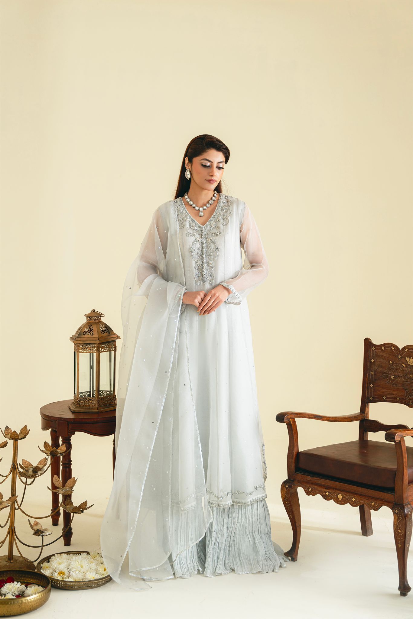 Pastel Grey Ada Embroidered Organza Farshi Pyjama (3-Piece) - Image 2