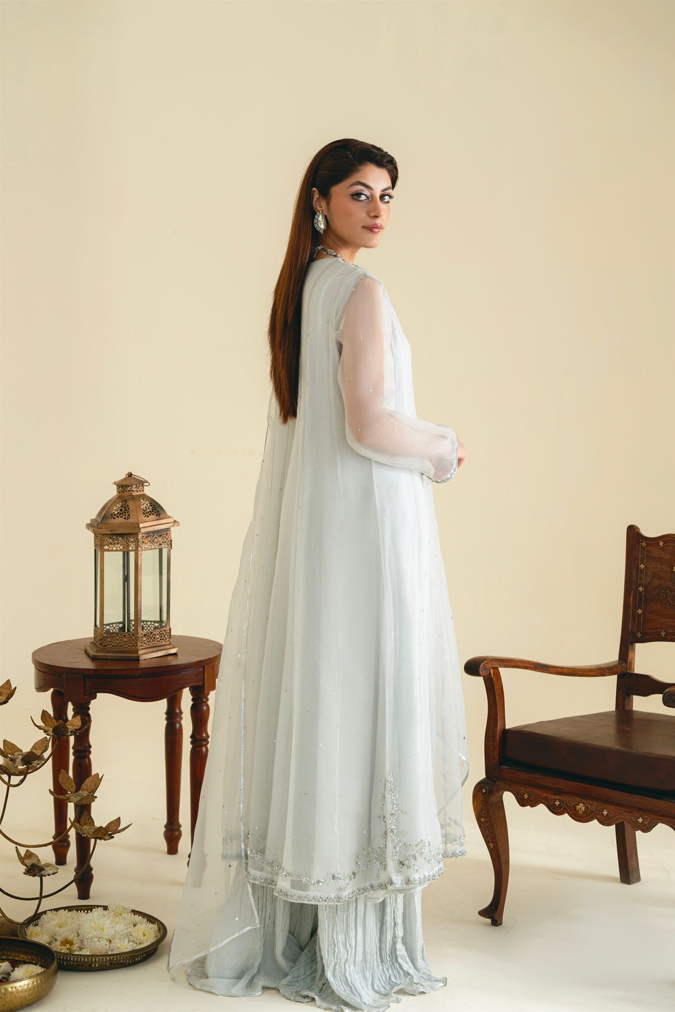 Pastel Grey Ada Embroidered Organza Farshi Pyjama (3-Piece) - Image 3