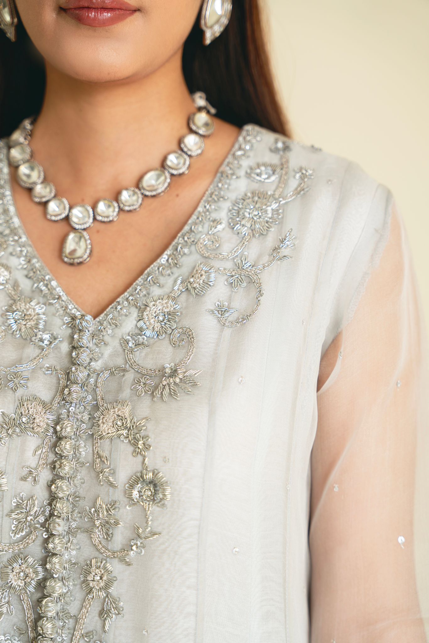 Pastel Grey Ada Embroidered Organza Farshi Pyjama (3-Piece) - Image 5