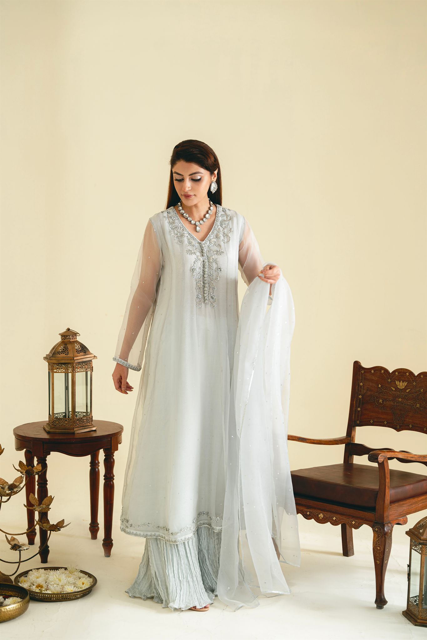 Pastel Grey Ada Embroidered Organza Farshi Pyjama (3-Piece) - Image 6