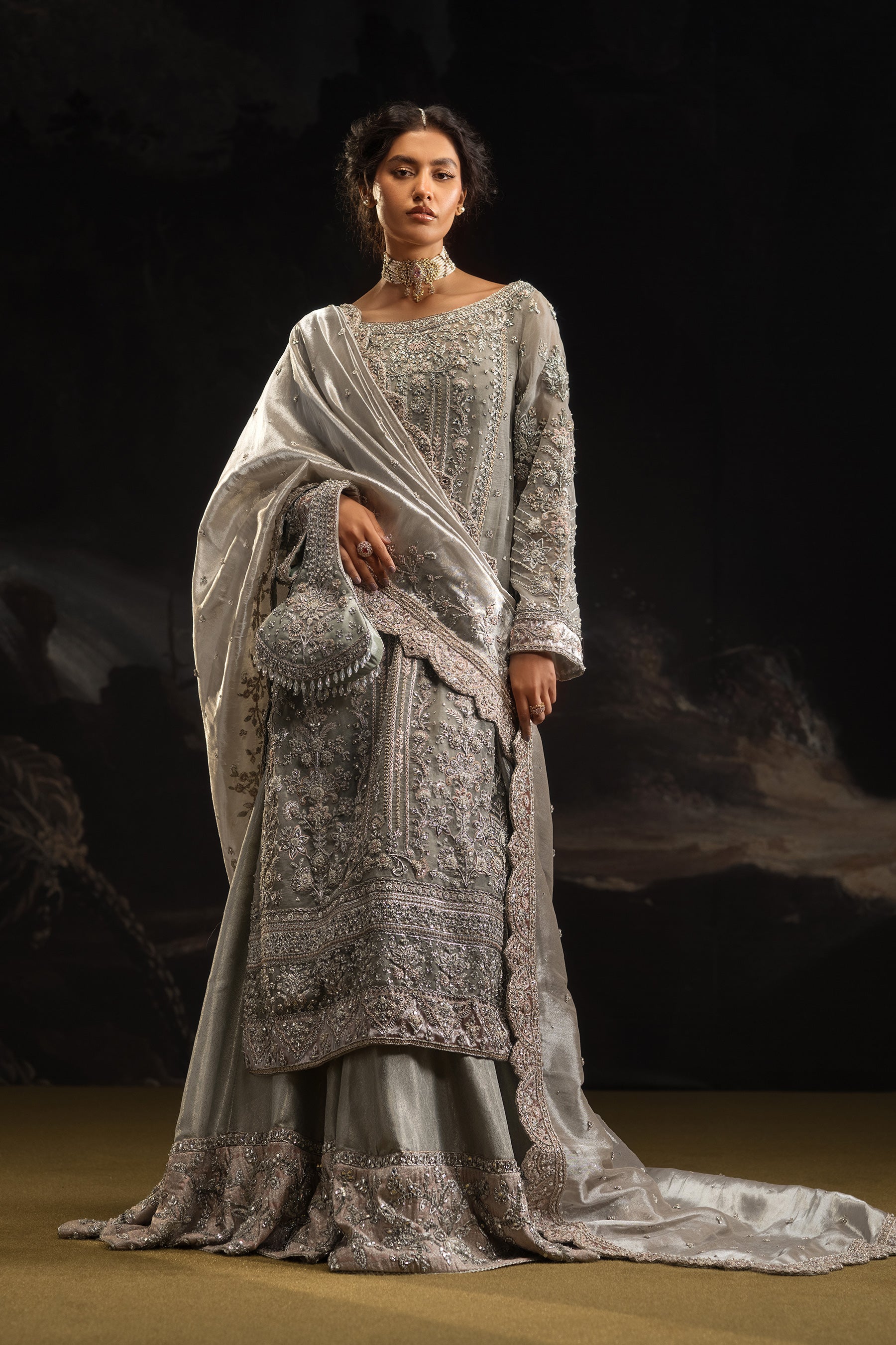 Dove Grey Embroidered Organza Dhaka Pajama Set (4-Piece) - Image 1