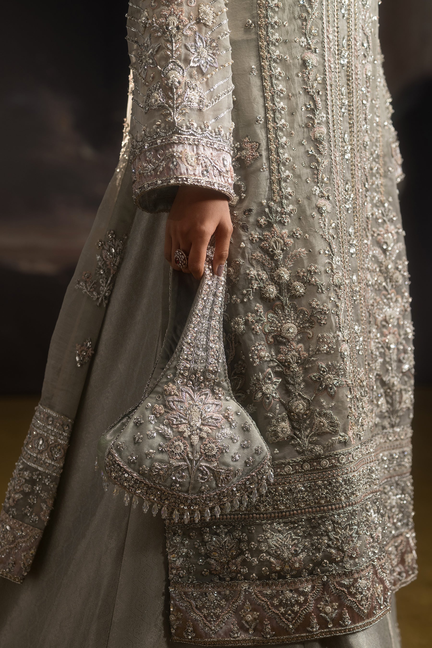 Dove Grey Embroidered Organza Dhaka Pajama Set (4-Piece) - Image 3