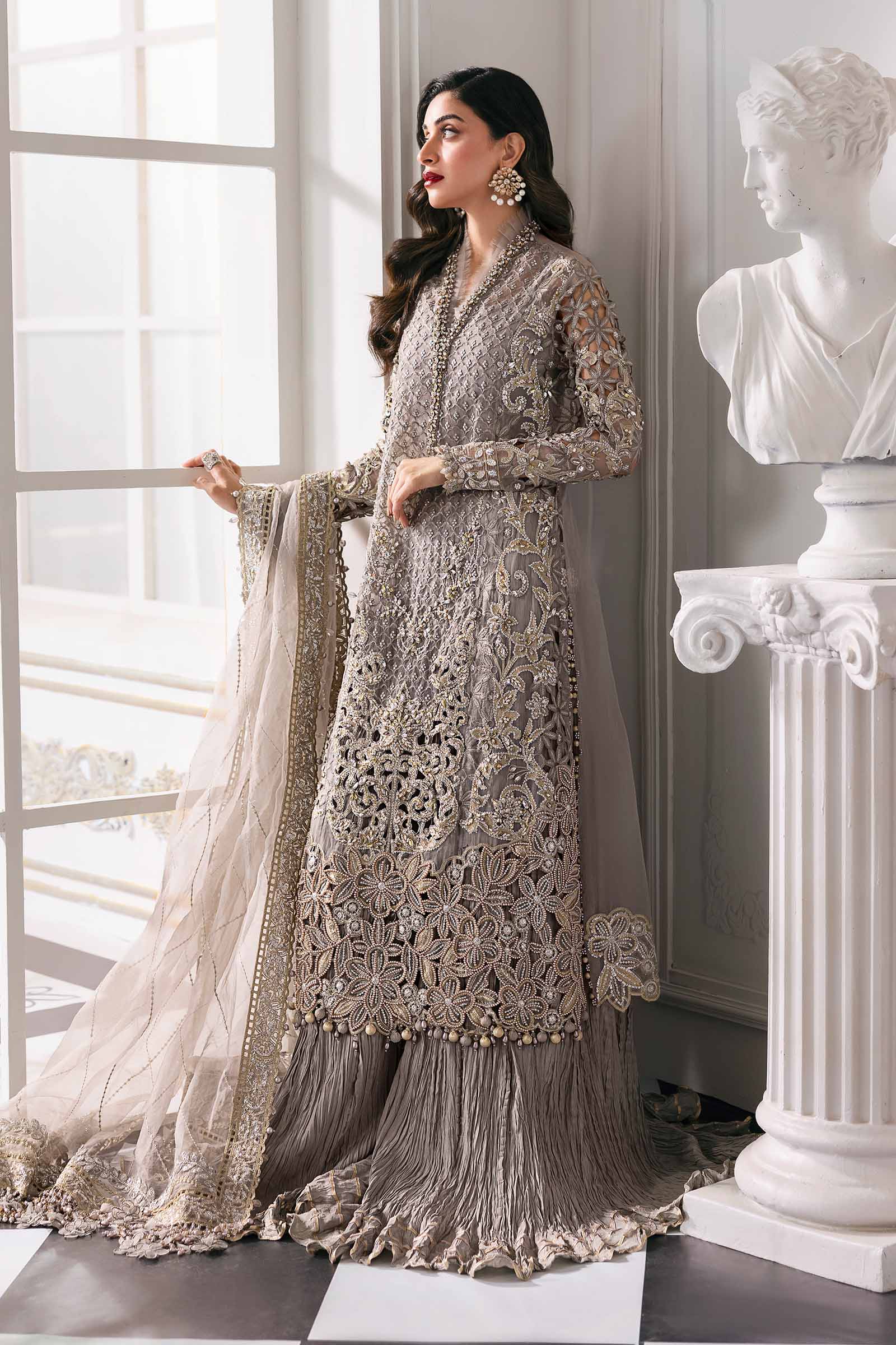 Pakistani Steel Grey Embroidered Organza 3-Piece Suit - Image 10