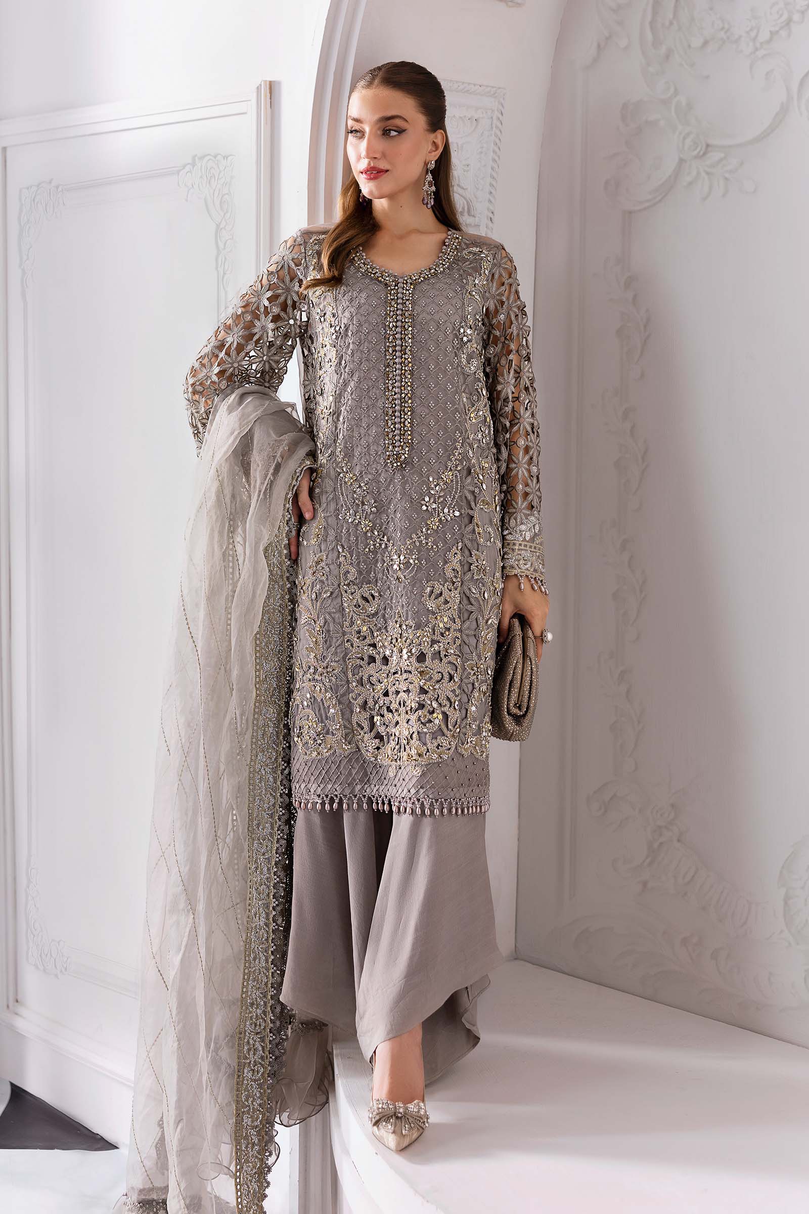 Pakistani Steel Grey Embroidered Organza 3-Piece Suit - Image 15