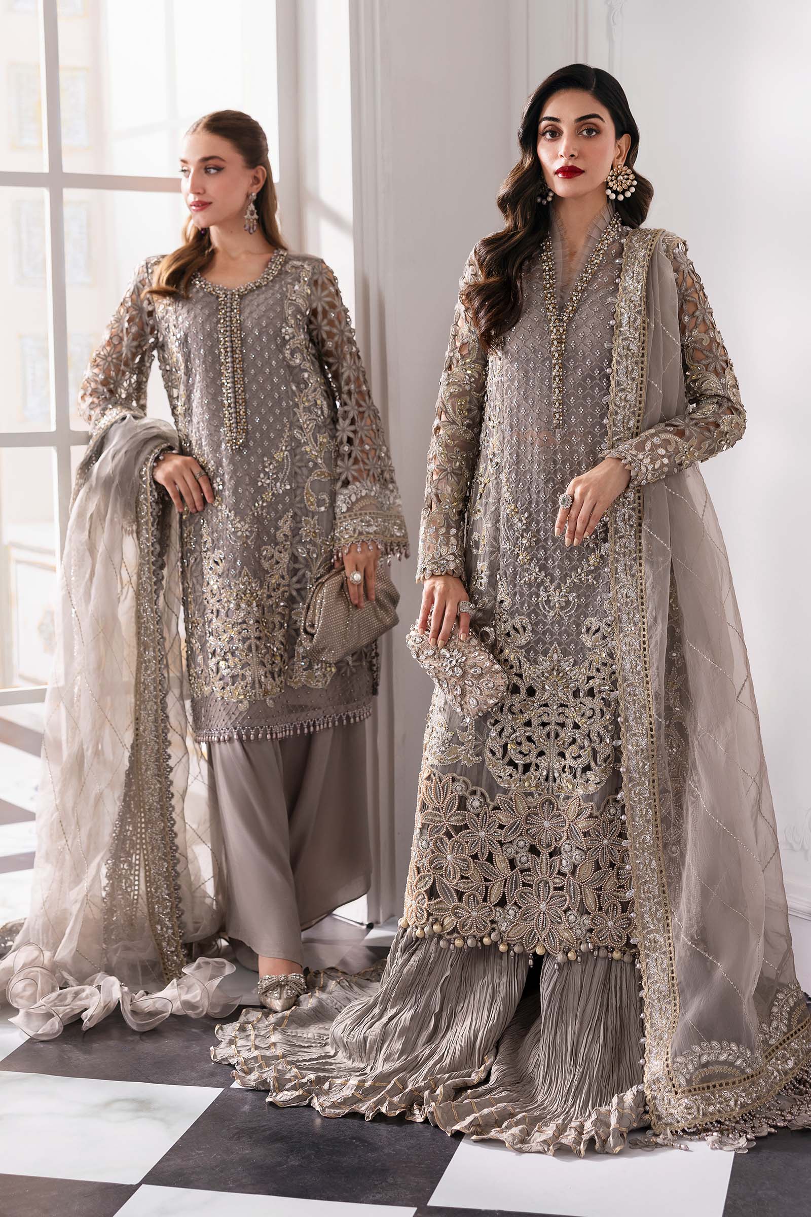 Pakistani Steel Grey Embroidered Organza 3-Piece Suit - Image 3