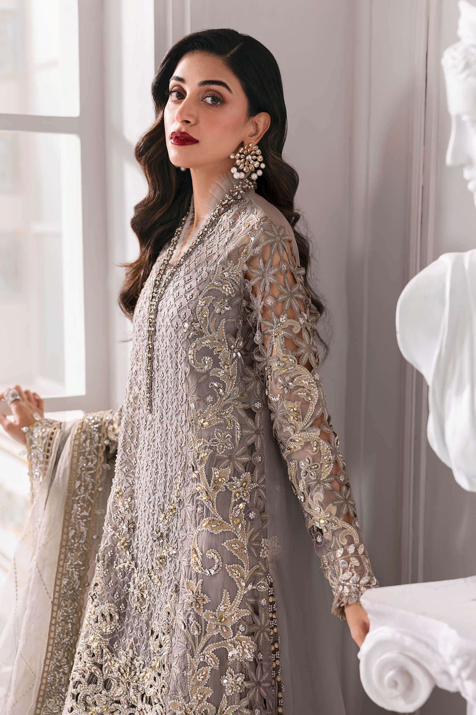 Pakistani Steel Grey Embroidered Organza 3-Piece Suit - Image 4