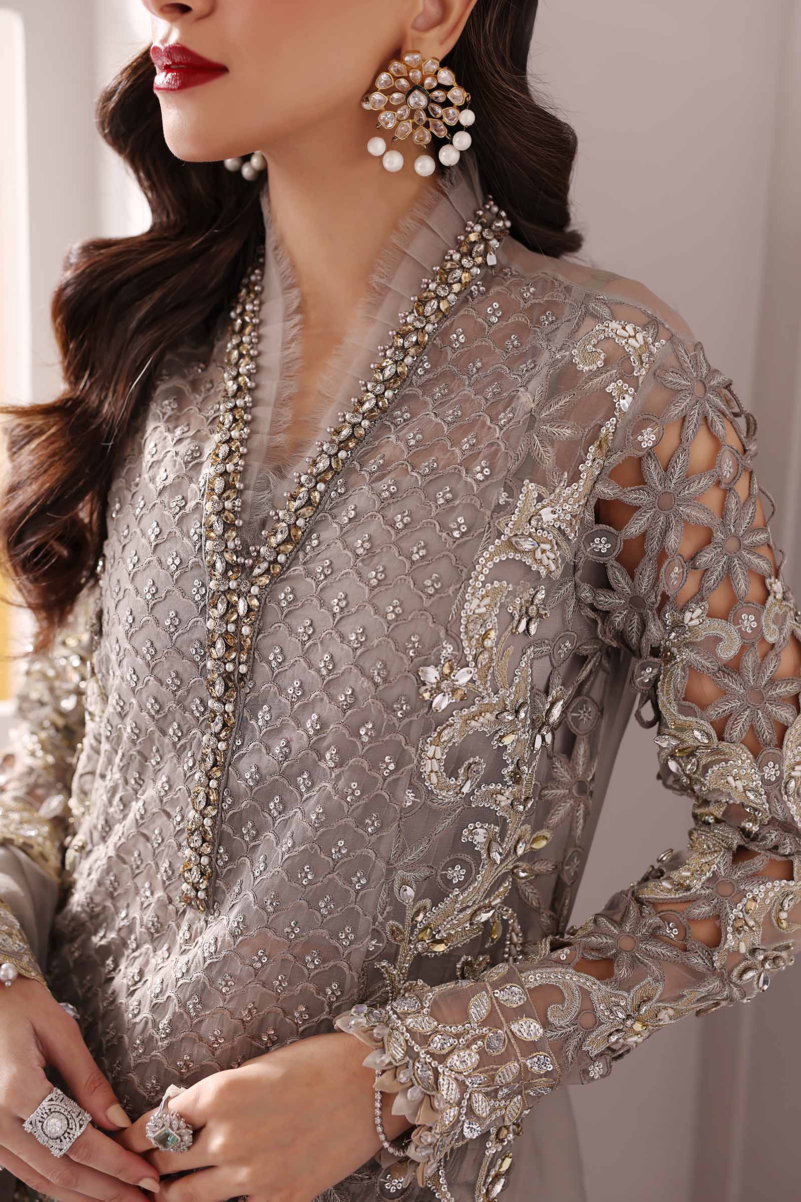 Pakistani Steel Grey Embroidered Organza 3-Piece Suit - Image 7
