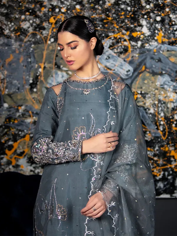 Pakistani Slate Grey Embellished Organza Salwar Kameez (3-Piece) - Image 2