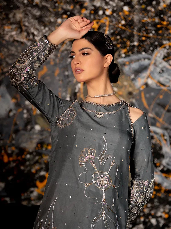 Pakistani Slate Grey Embellished Organza Salwar Kameez (3-Piece) - Image 3