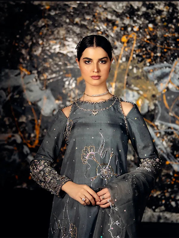 Pakistani Slate Grey Embellished Organza Salwar Kameez (3-Piece) - Image 4