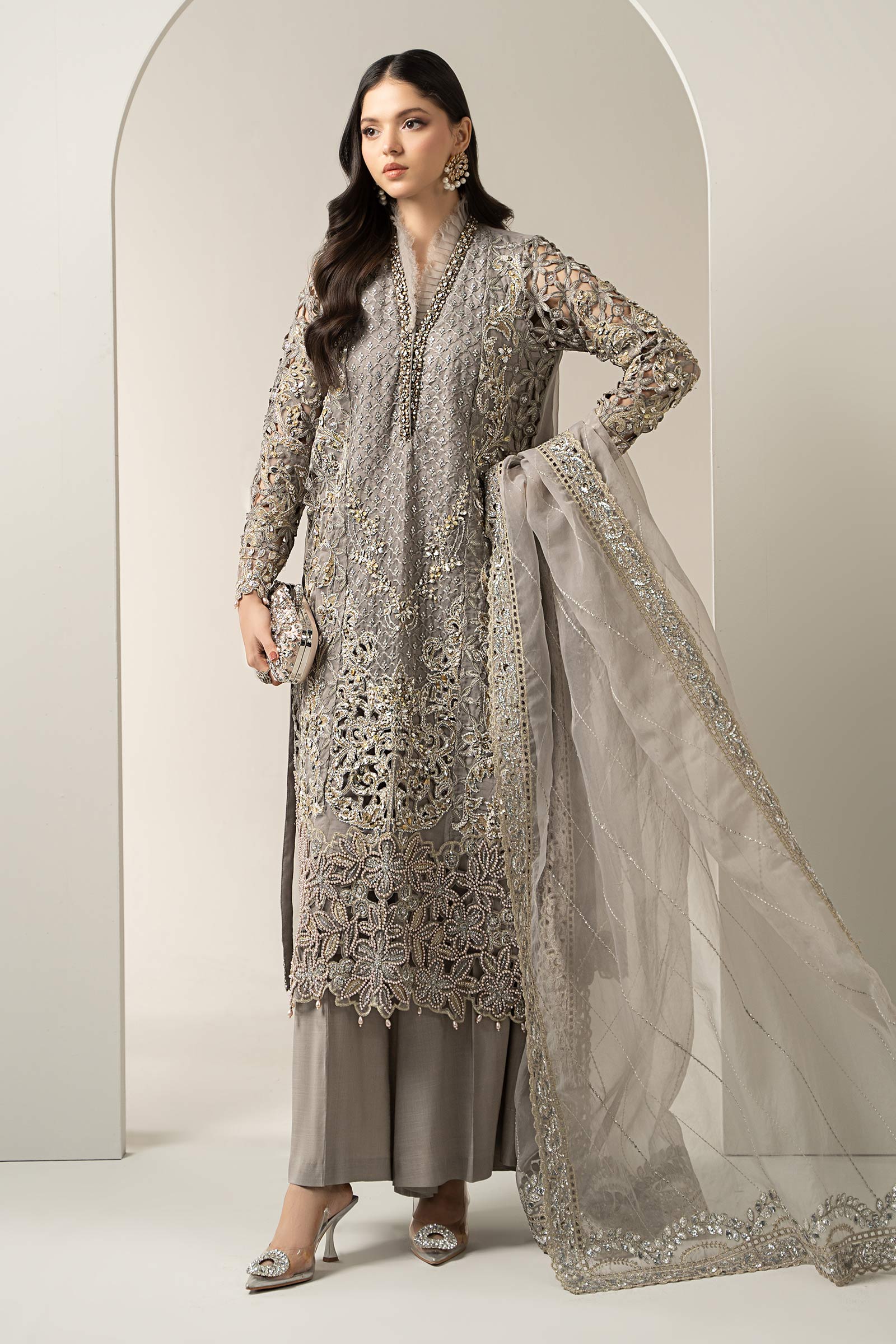 Pakistani Grey Embroidered Organza & Raw Silk 3-Piece Suit - Image 1