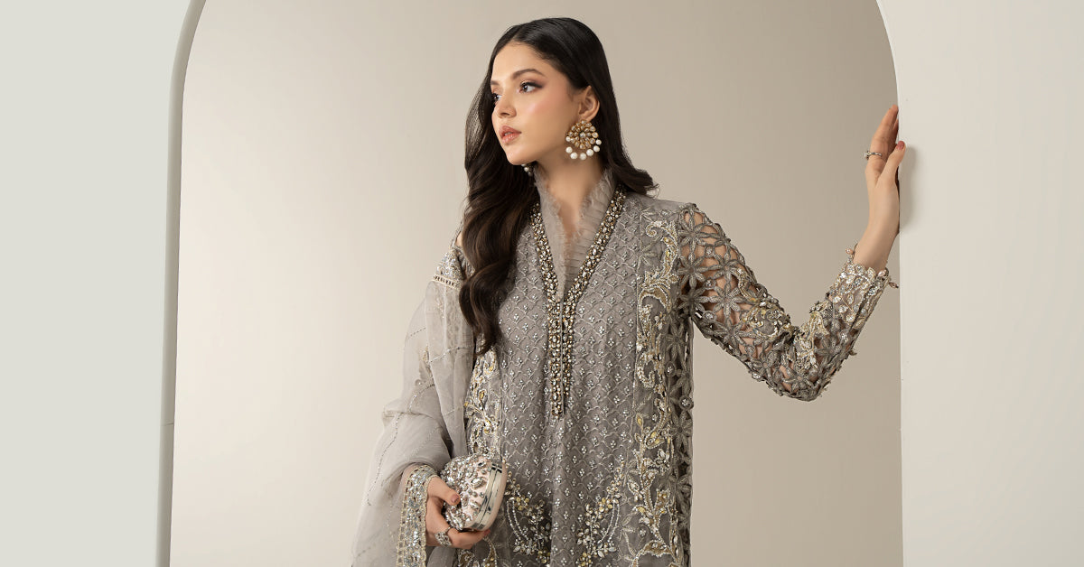 Pakistani Grey Embroidered Organza & Raw Silk 3-Piece Suit - Image 10