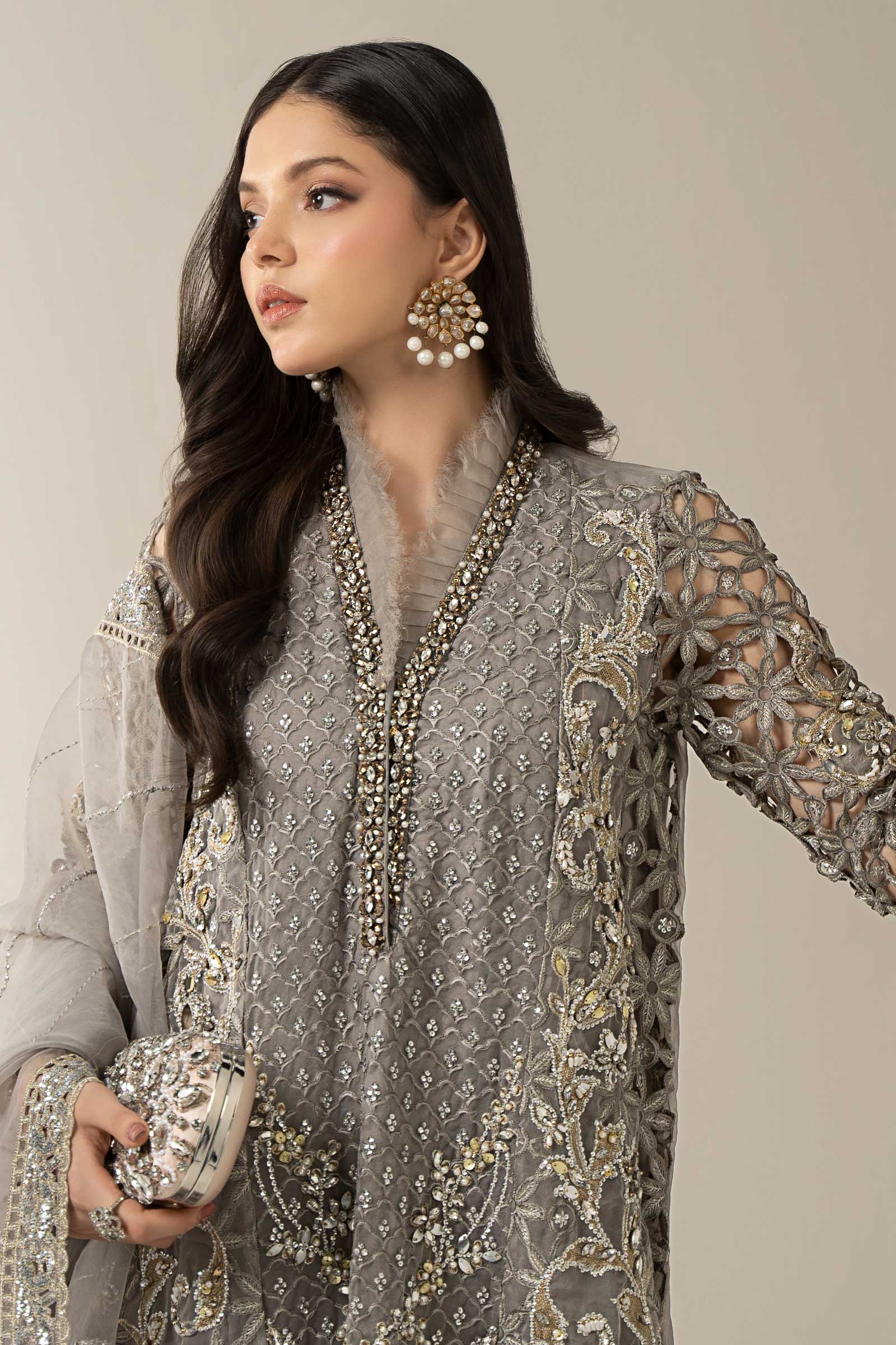 Pakistani Grey Embroidered Organza & Raw Silk 3-Piece Suit - Image 4