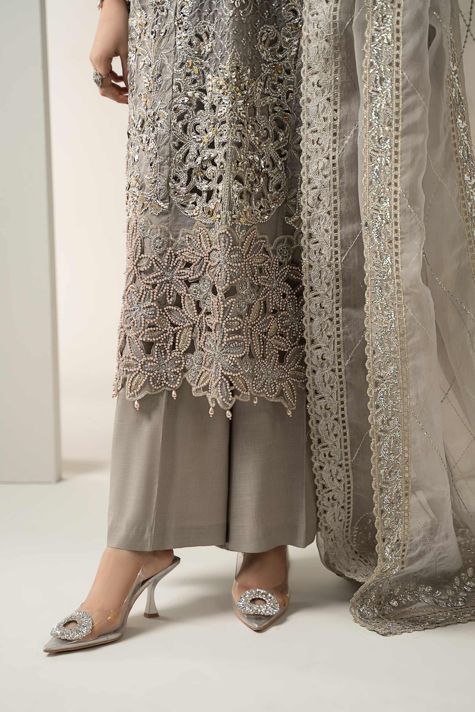 Pakistani Grey Embroidered Organza & Raw Silk 3-Piece Suit - Image 7