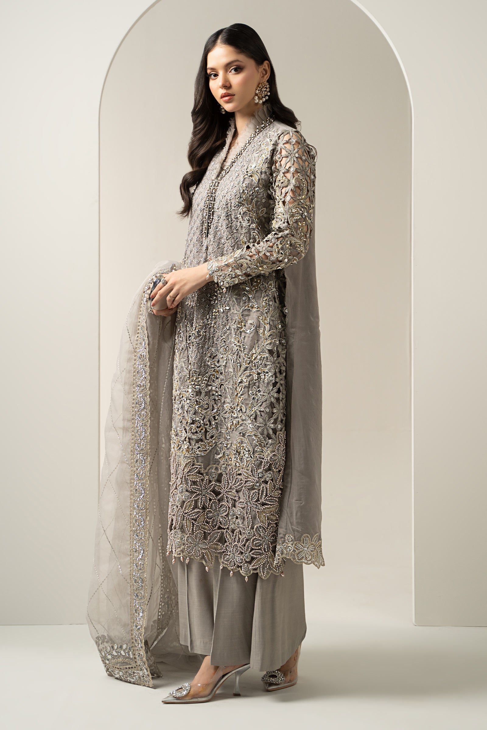 Pakistani Grey Embroidered Organza & Raw Silk 3-Piece Suit - Image 8