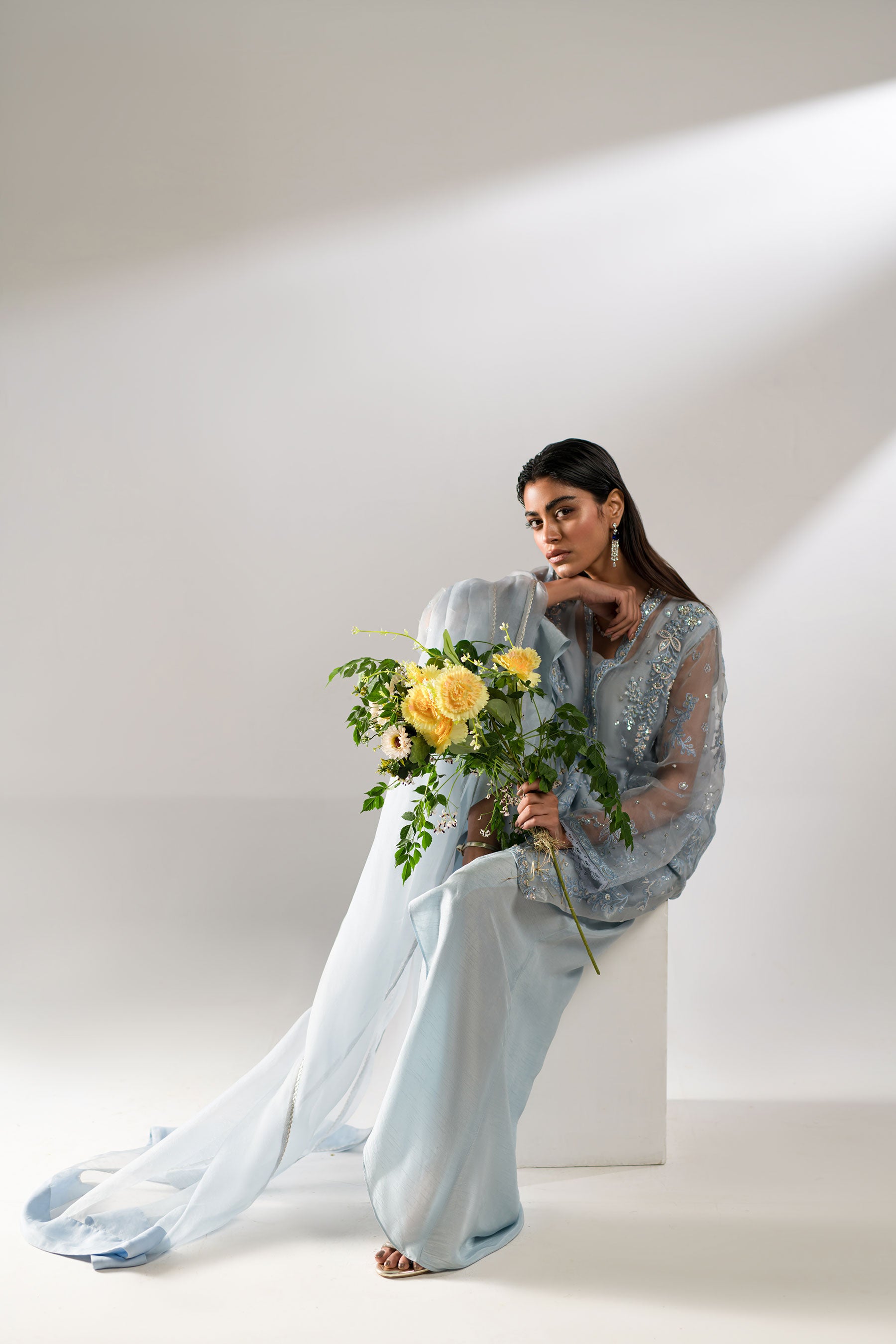 Pakistani Grey-Blue Embroidered Organza & Raw Silk Co-ord Set (3-Piece) - Image 2