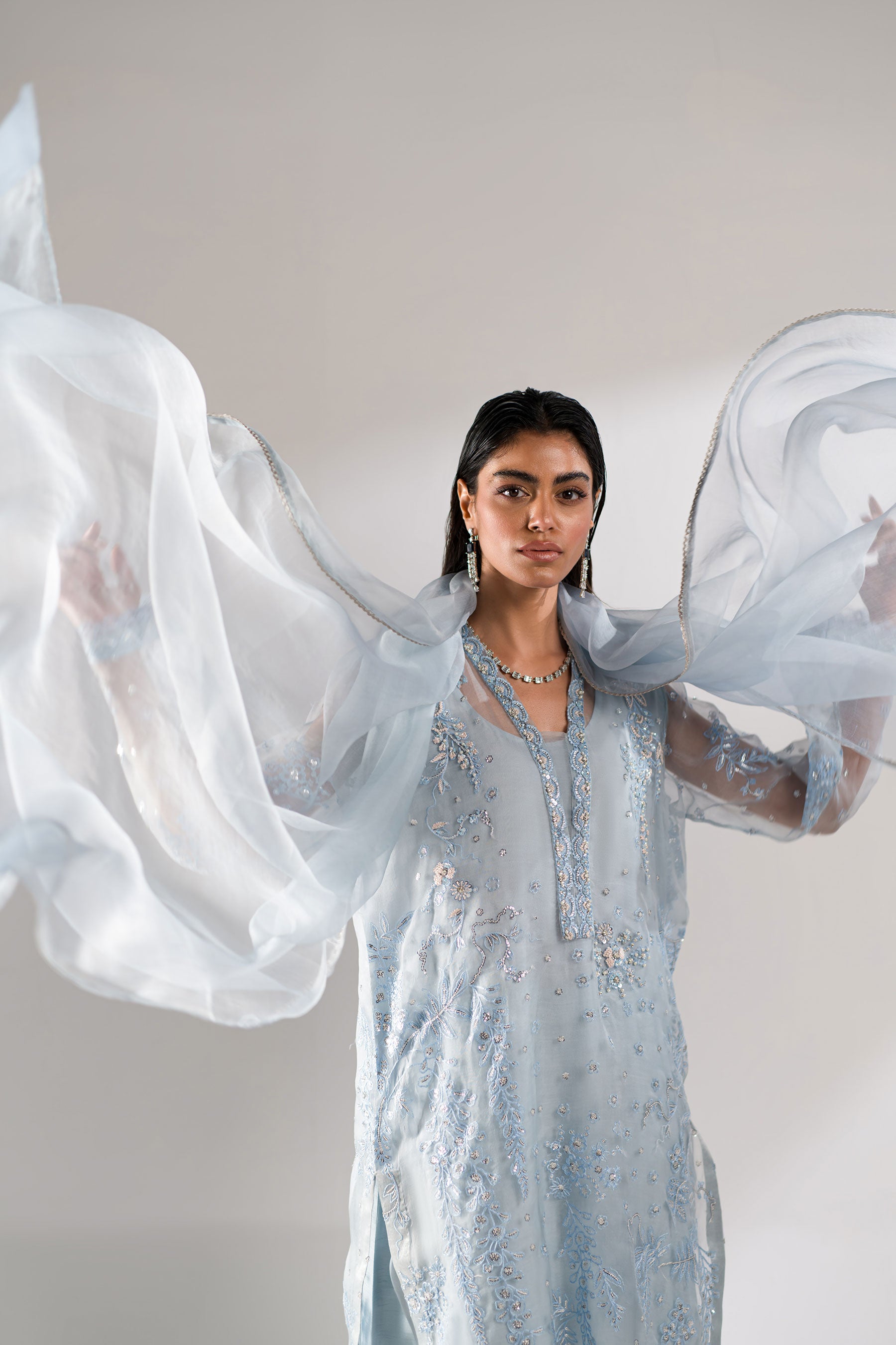 Pakistani Grey-Blue Embroidered Organza & Raw Silk Co-ord Set (3-Piece) - Image 3