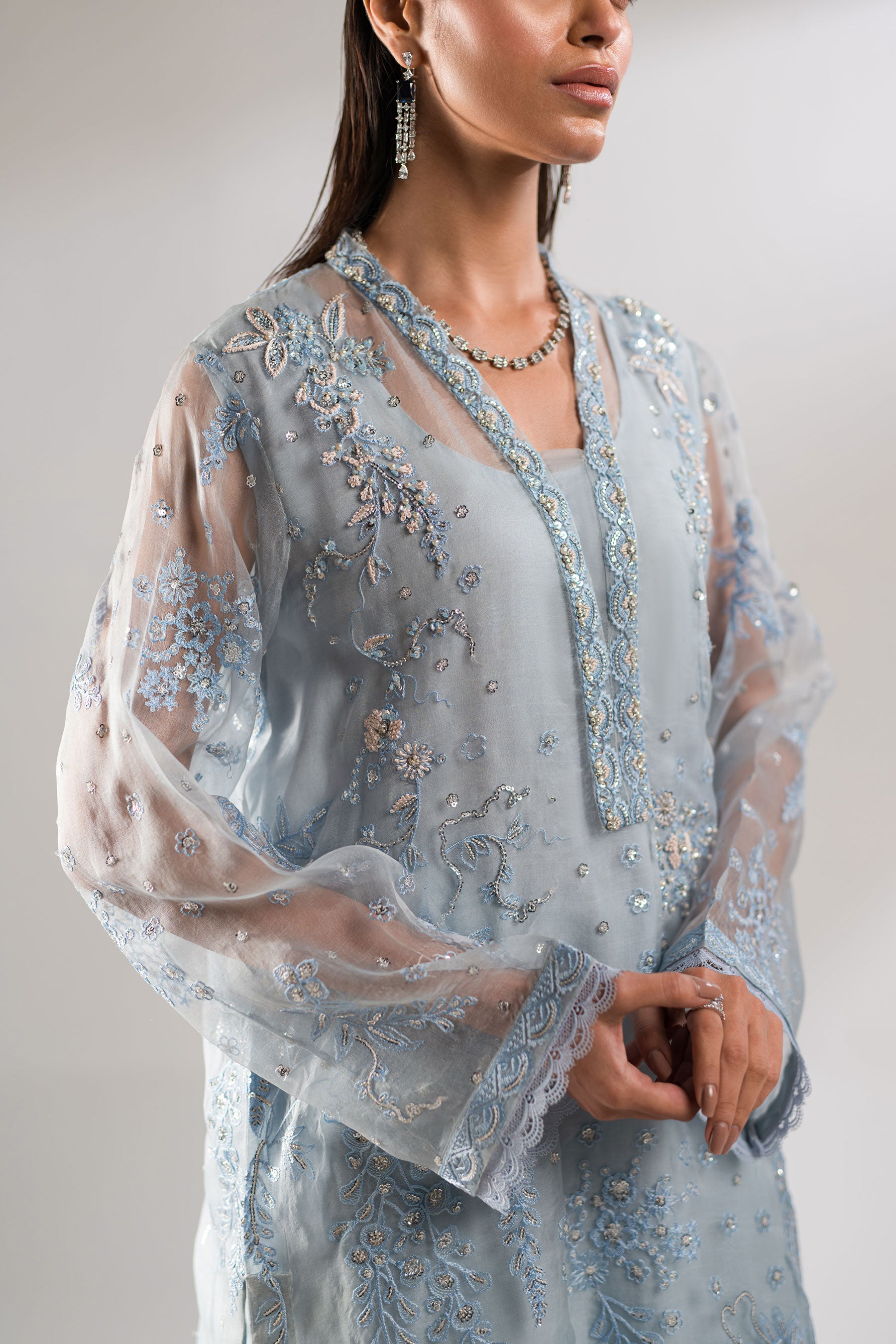 Pakistani Grey-Blue Embroidered Organza & Raw Silk Co-ord Set (3-Piece) - Image 4