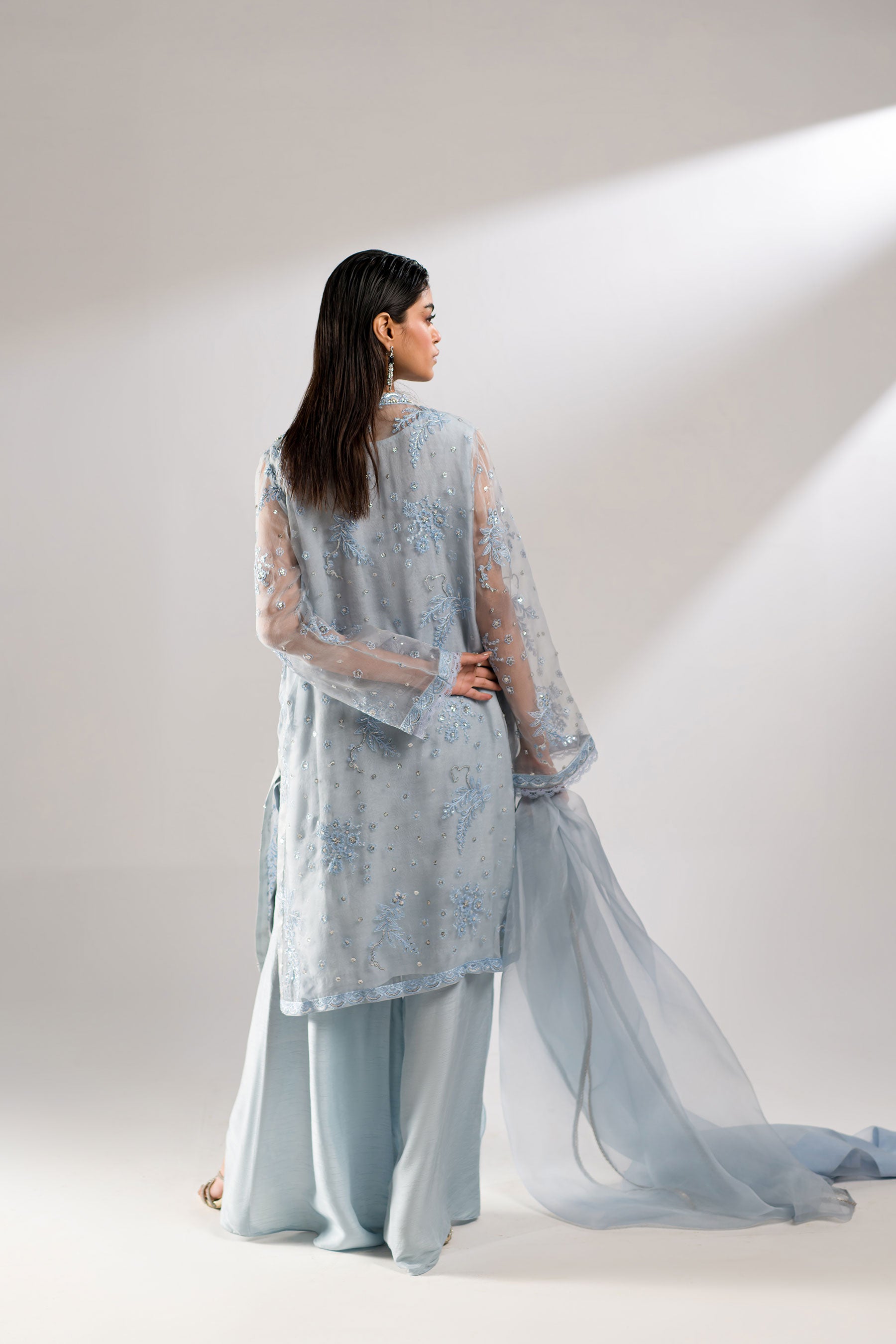 Pakistani Grey-Blue Embroidered Organza & Raw Silk Co-ord Set (3-Piece) - Image 5