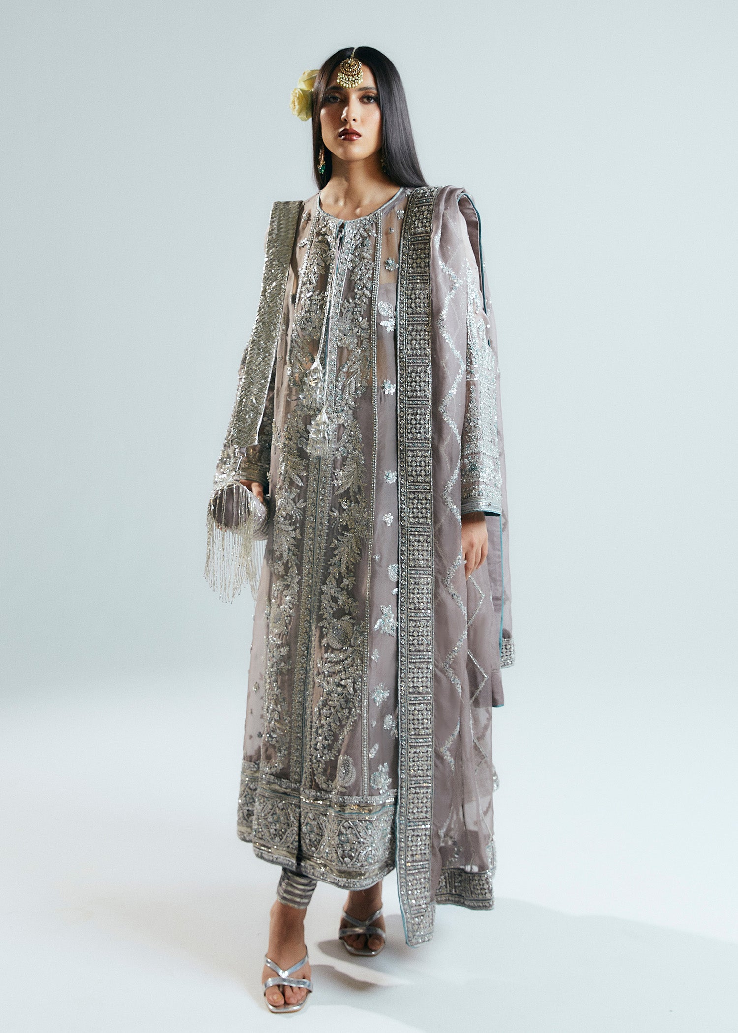 Grey Embellished Organza Jacket with Korean Raw Silk Churidar (3-Piece) - Image 2