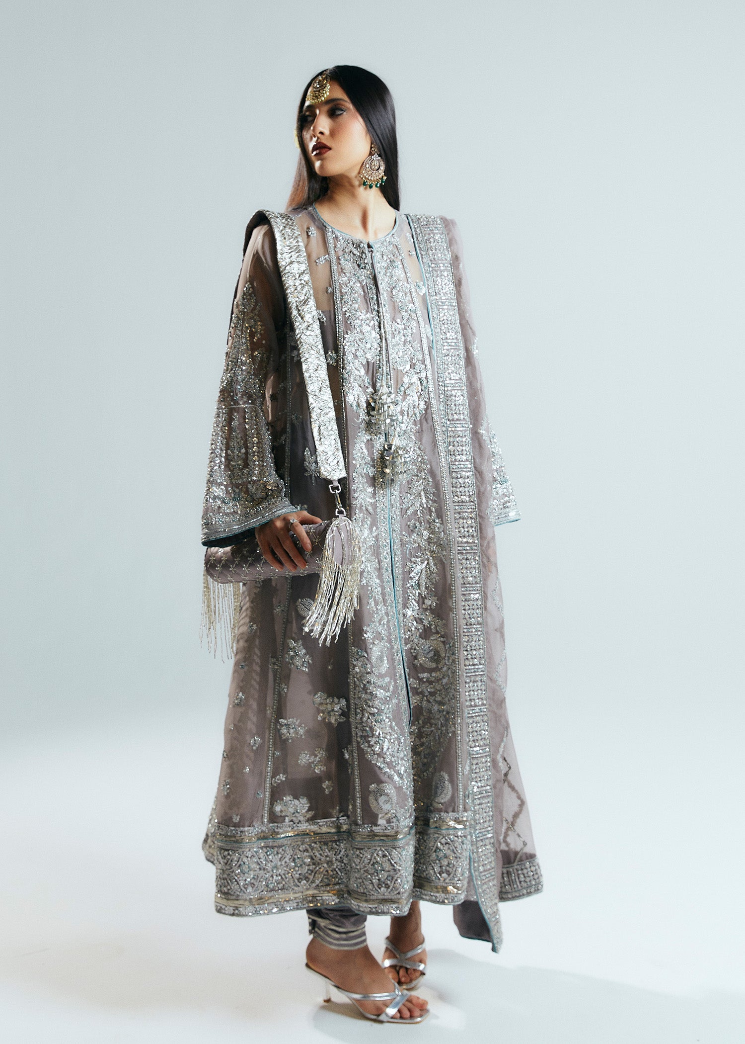 Grey Embellished Organza Jacket with Korean Raw Silk Churidar (3-Piece) - Image 3