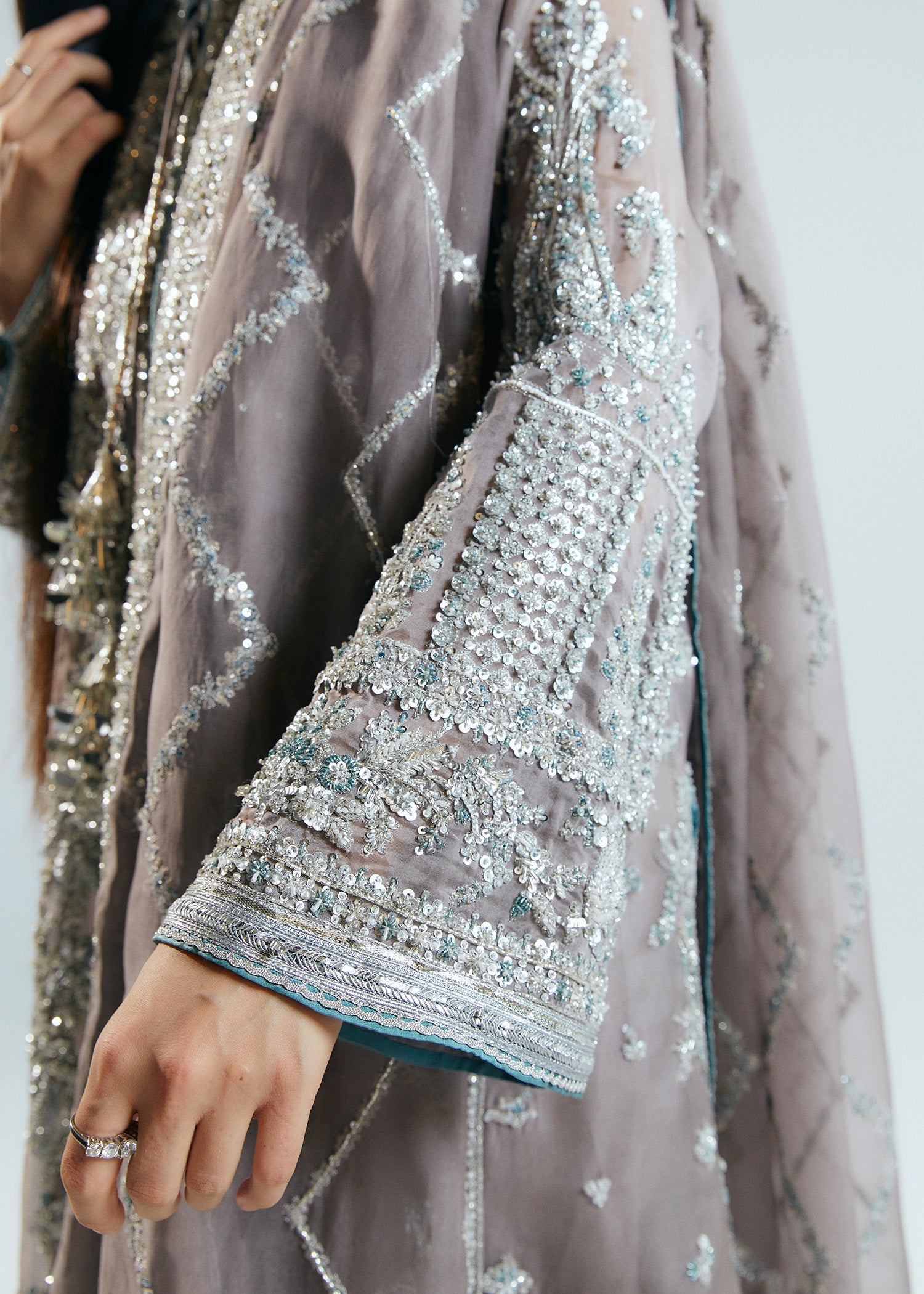Grey Embellished Organza Jacket with Korean Raw Silk Churidar (3-Piece) - Image 5