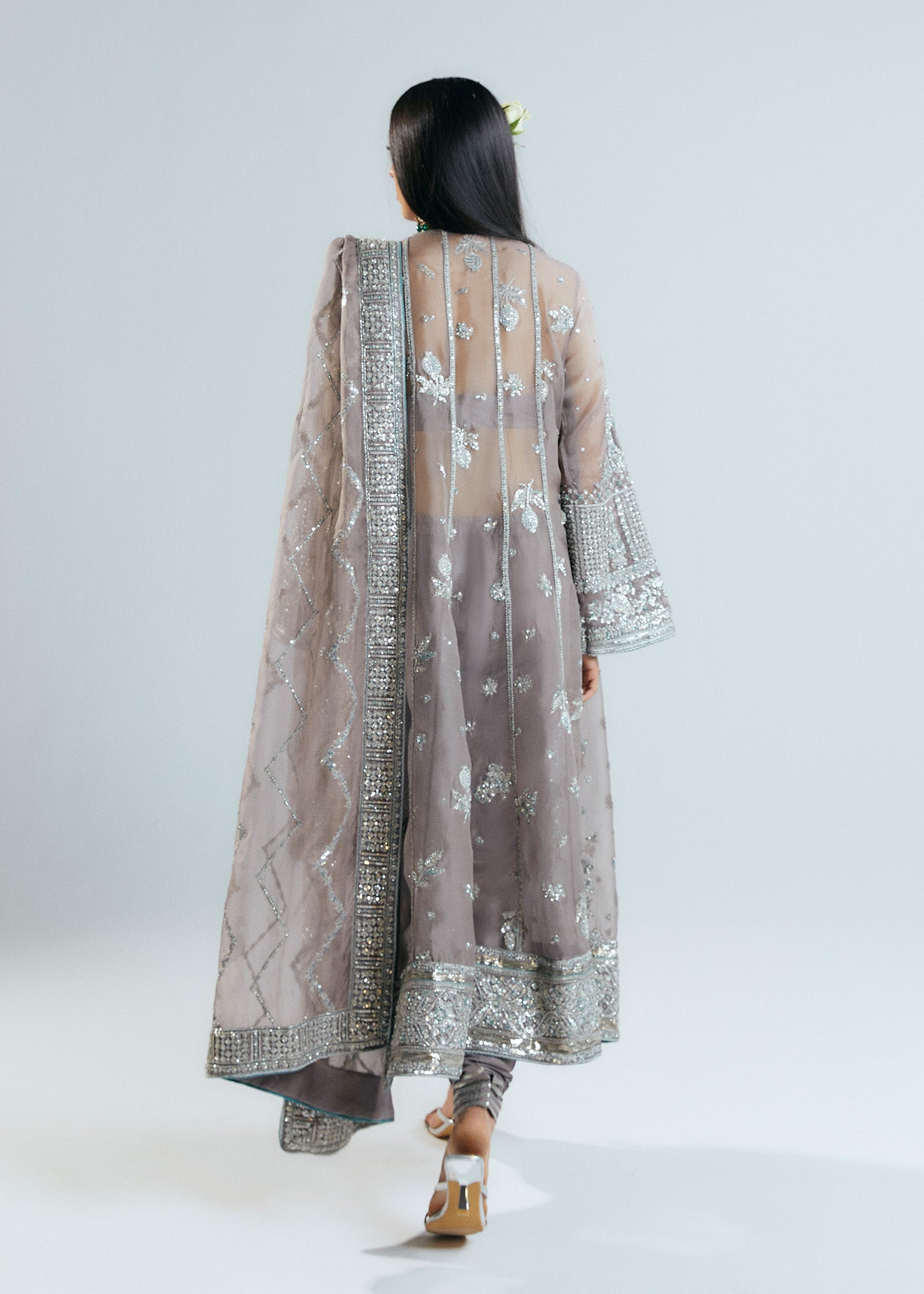 Grey Embellished Organza Jacket with Korean Raw Silk Churidar (3-Piece) - Image 6