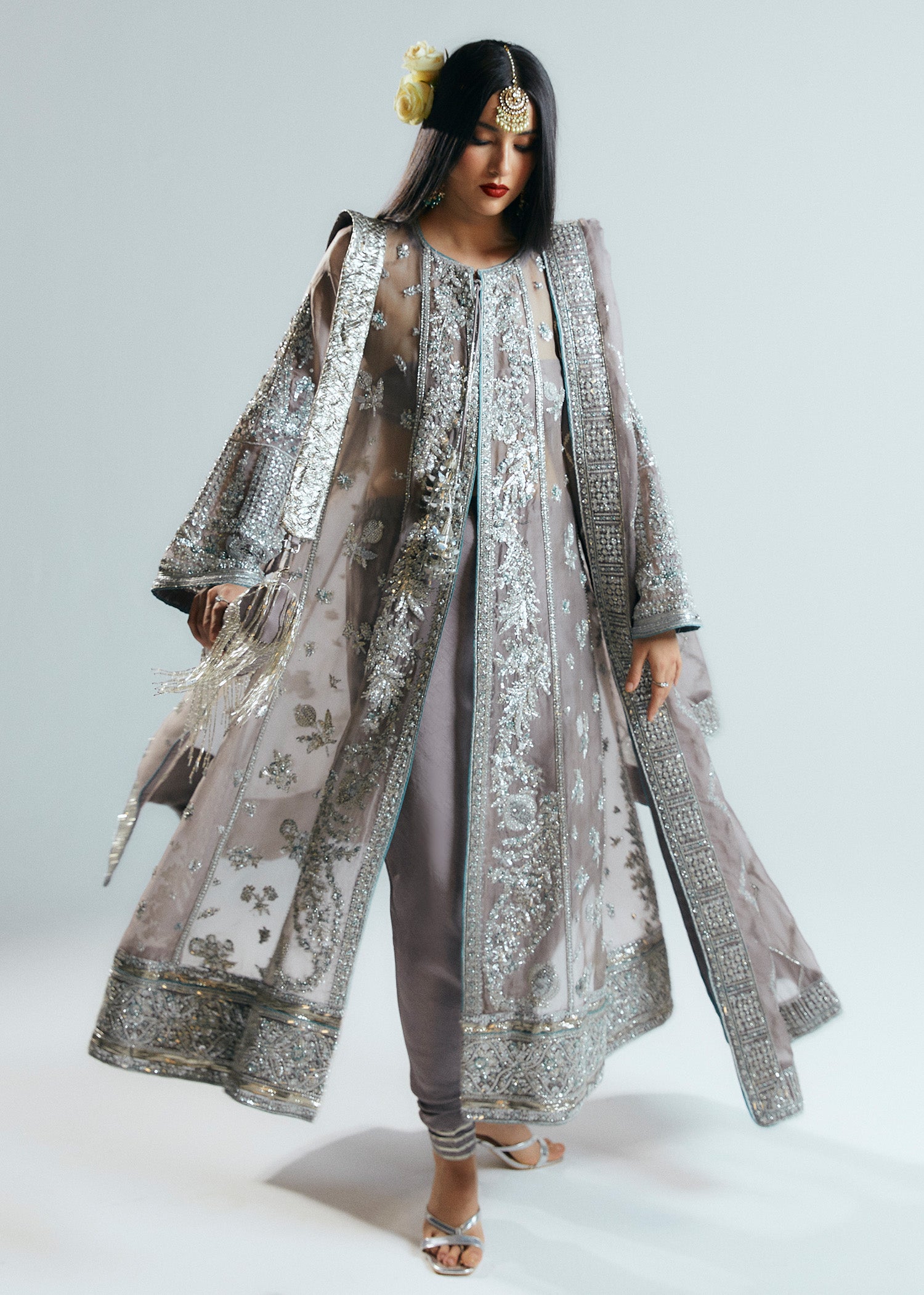 Grey Embellished Organza Jacket with Korean Raw Silk Churidar (3-Piece) - Image 7
