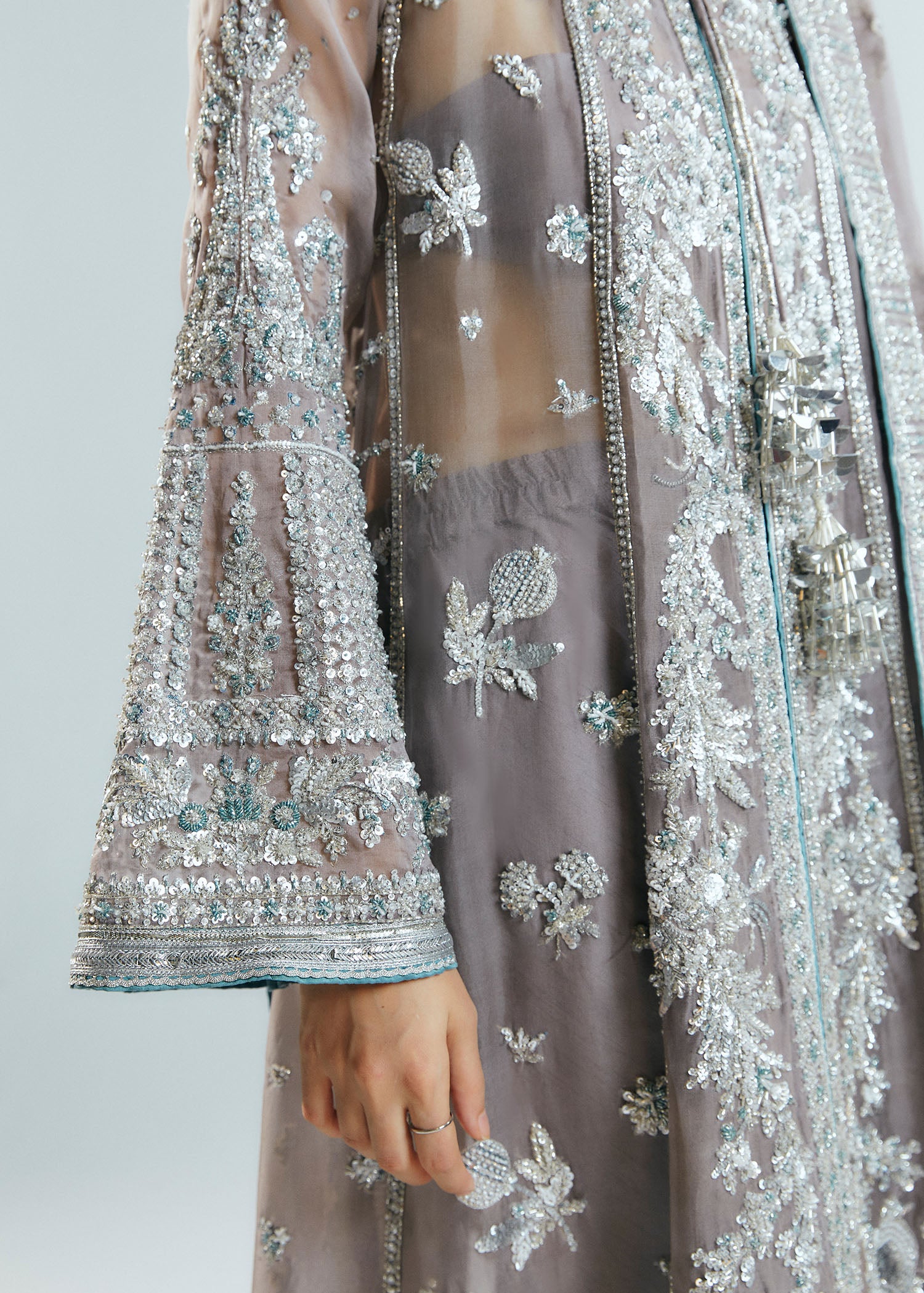 Grey Embellished Organza Jacket with Korean Raw Silk Churidar (3-Piece) - Image 8