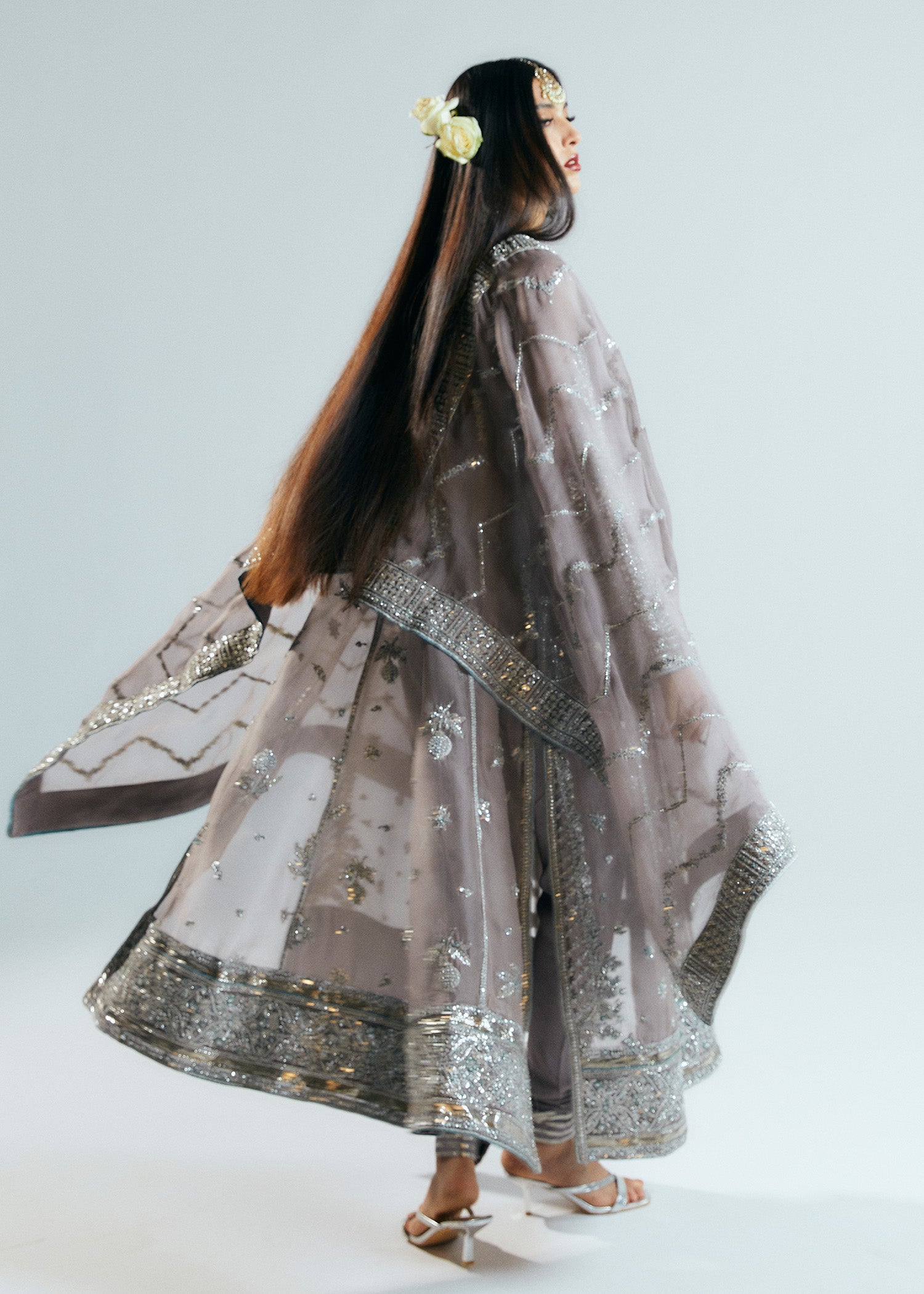 Grey Embellished Organza Jacket with Korean Raw Silk Churidar (3-Piece) - Image 9