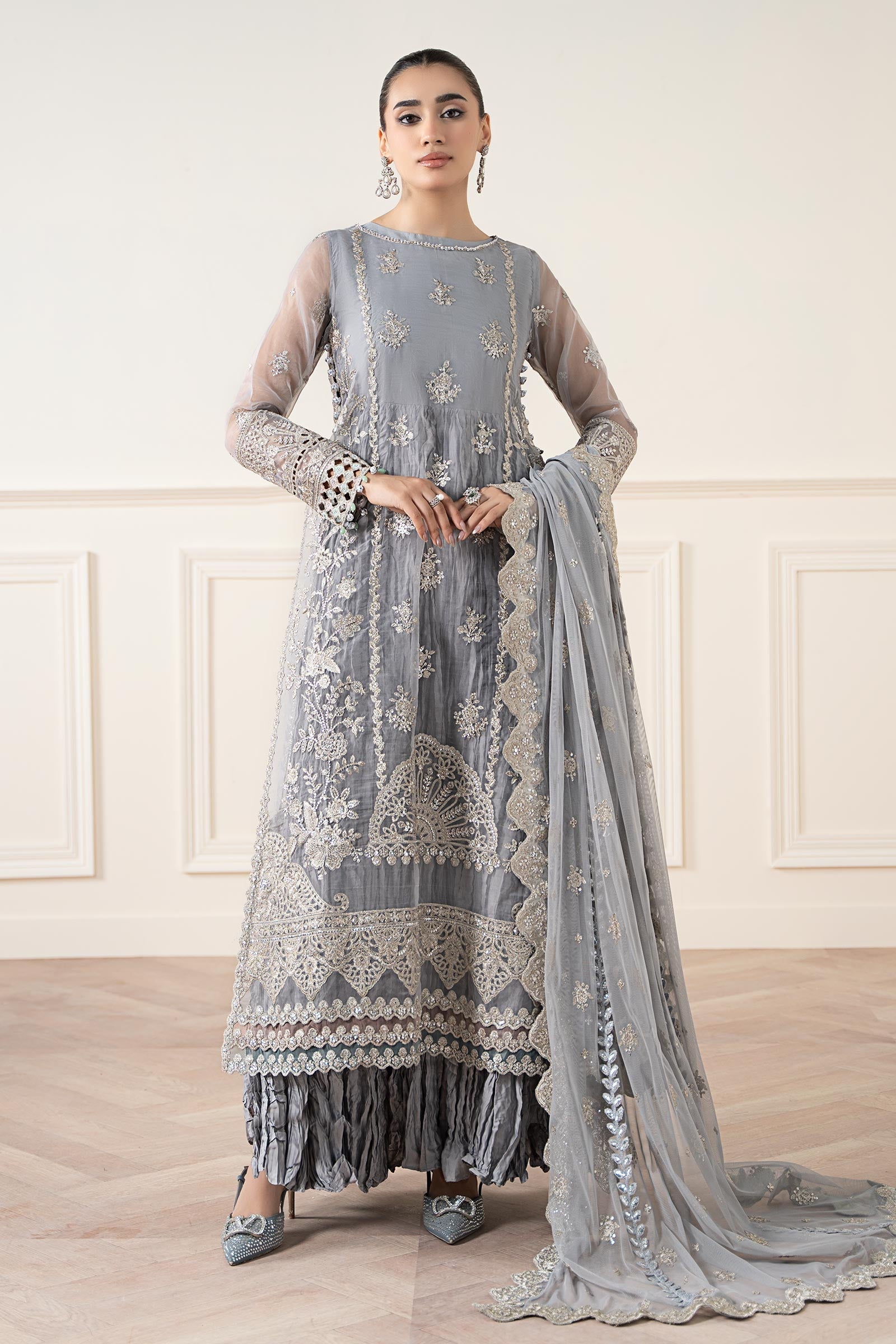 Grey Embroidered Organza Salwar Kameez (3-Piece) - Image 1