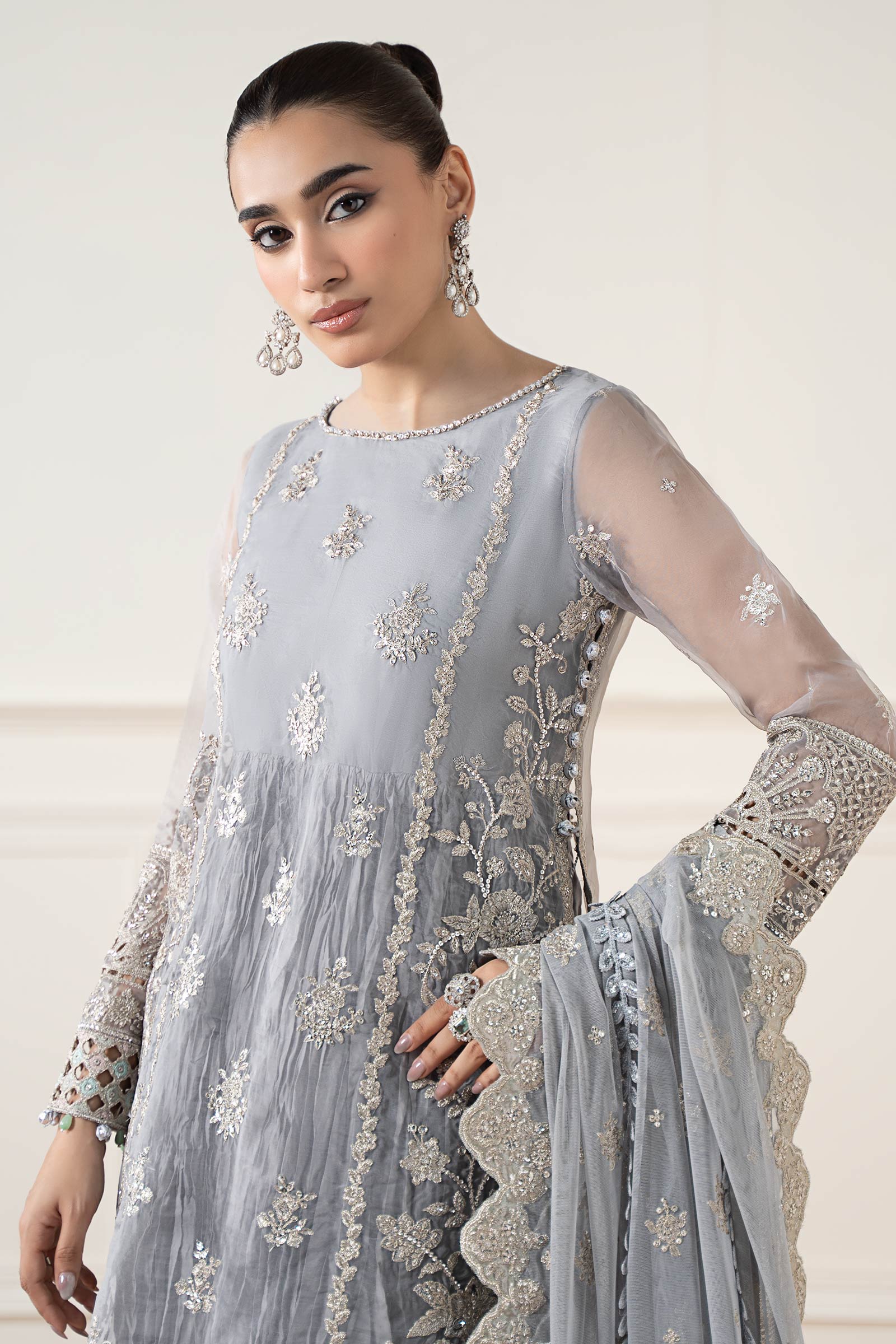 Grey Embroidered Organza Salwar Kameez (3-Piece) - Image 2