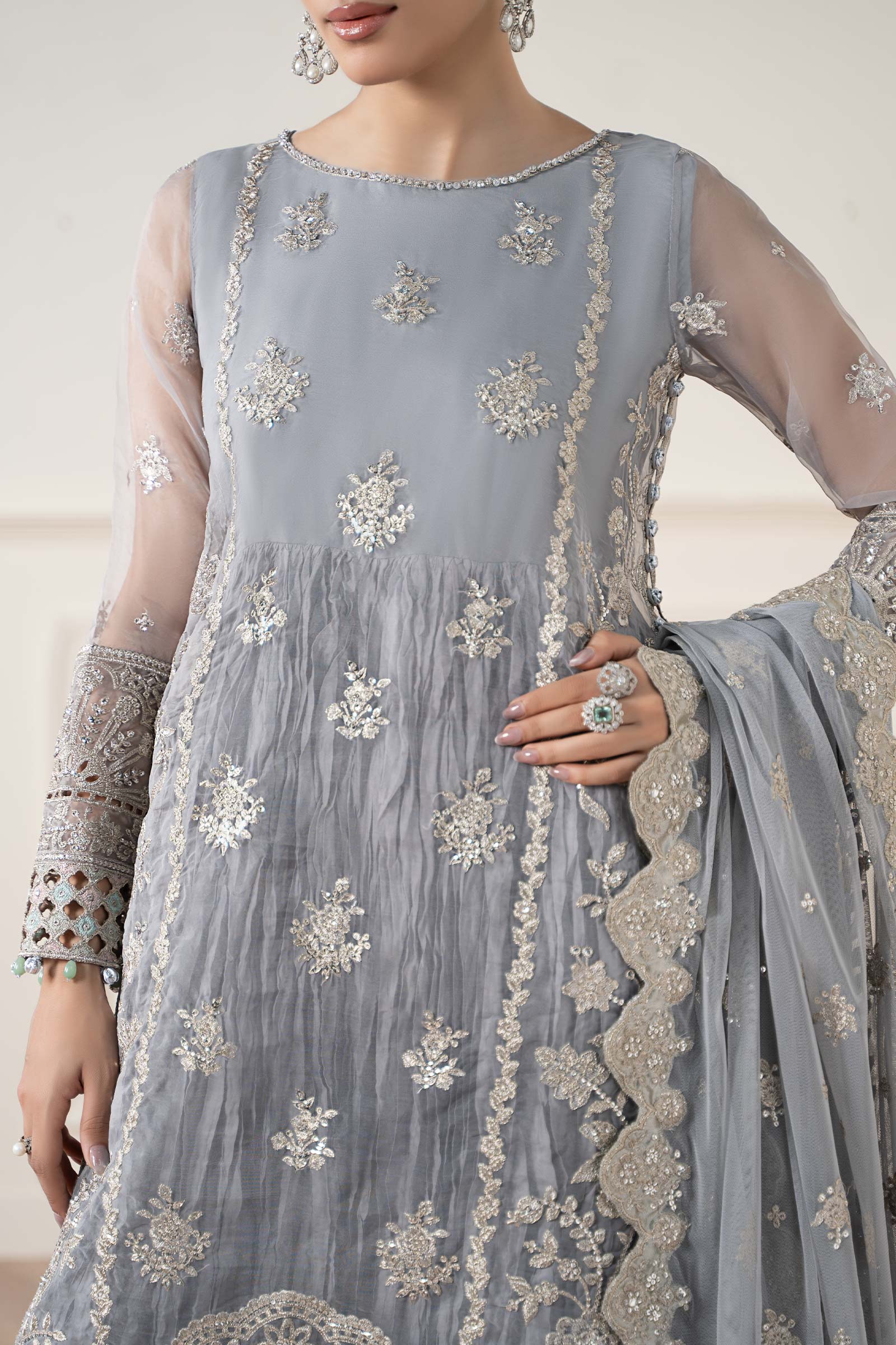 Grey Embroidered Organza Salwar Kameez (3-Piece) - Image 3