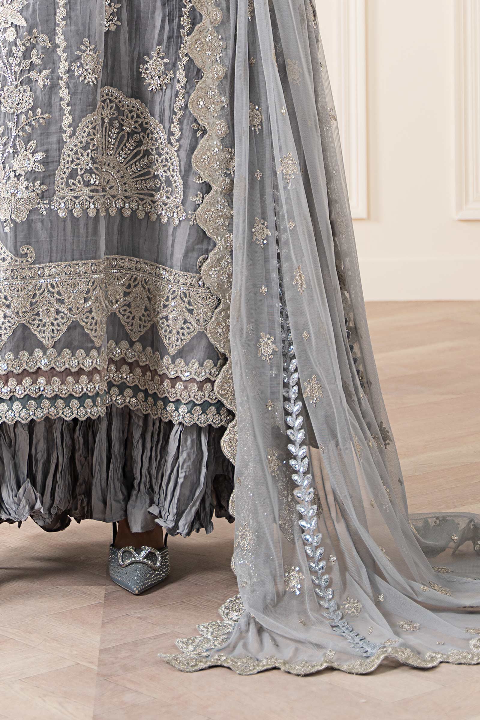 Grey Embroidered Organza Salwar Kameez (3-Piece) - Image 4