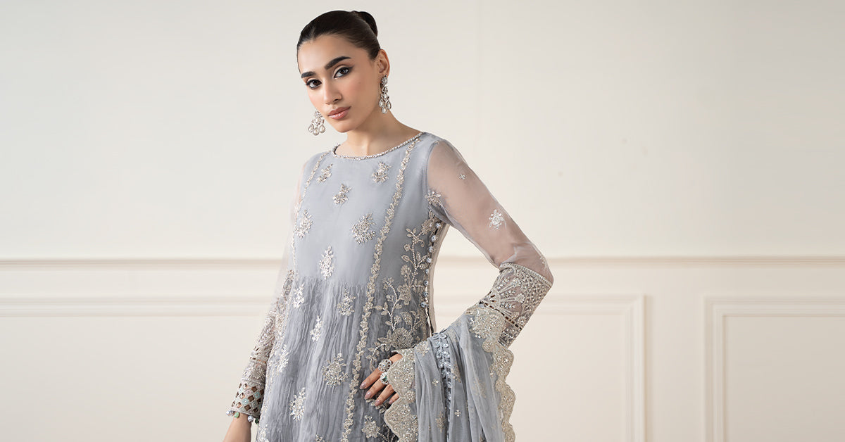 Grey Embroidered Organza Salwar Kameez (3-Piece) - Image 5